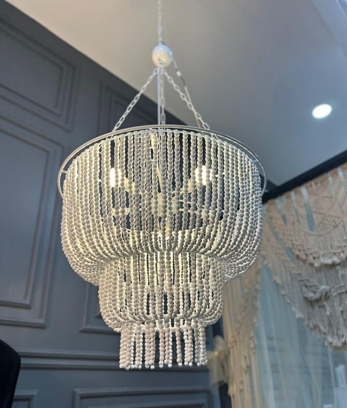 White Bead Chandelier, Modern Living Room Ligh, Wedding Decor, Beaded Lighting, Wood Pendant Light, Unique Ceiling Light, Rustic Chandelier,