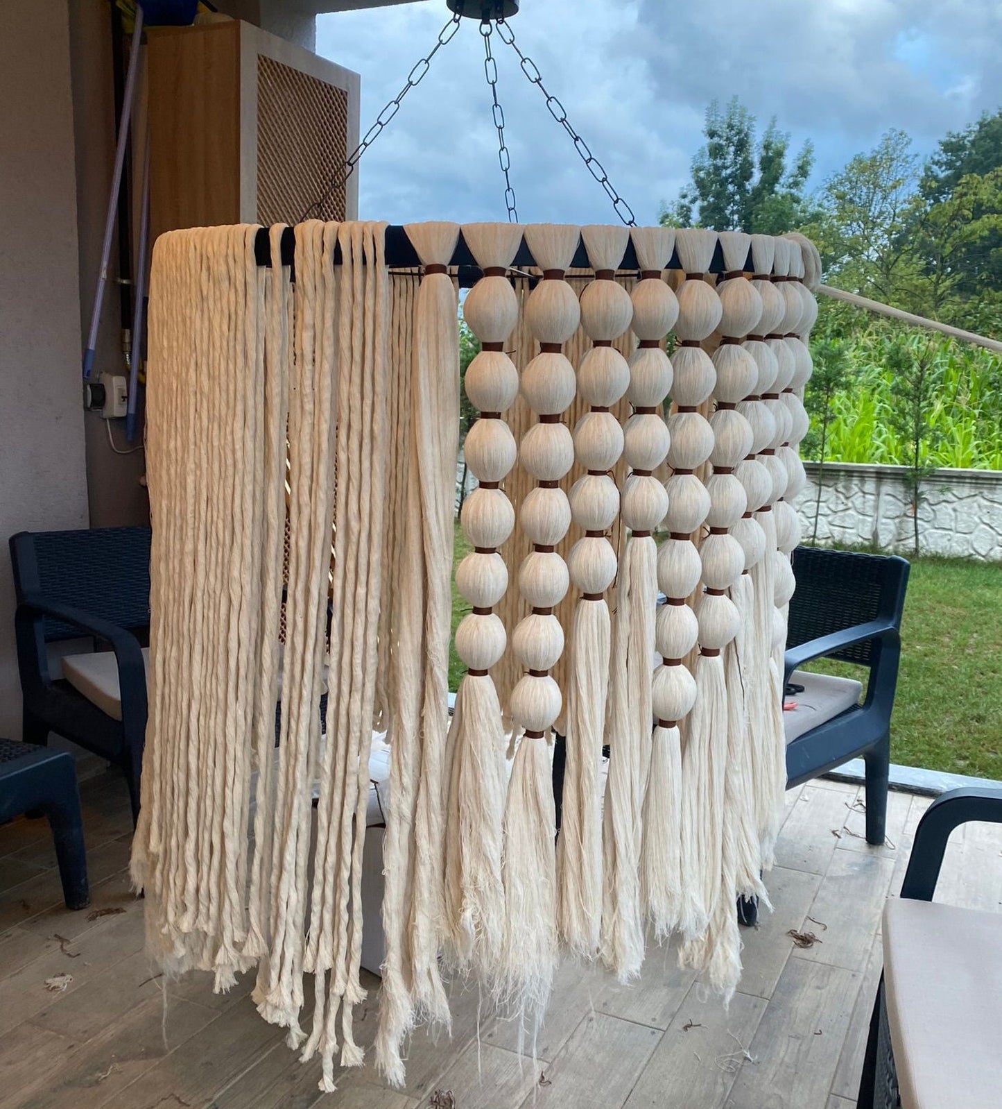 Boho Lighting, Macrame Chandelier, Cotton Tassel Chandelier, Boho Fringe Pendant Light, Nursery Lampshade, Living Room Lamp