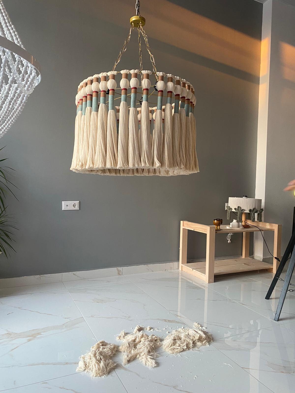 Tassel Chandelier, Macrame Pendant Light, Cotton Fringe Chandelier, Rustic Lampshade, Modern Boho Light, Living Room Light, Christmas gift,