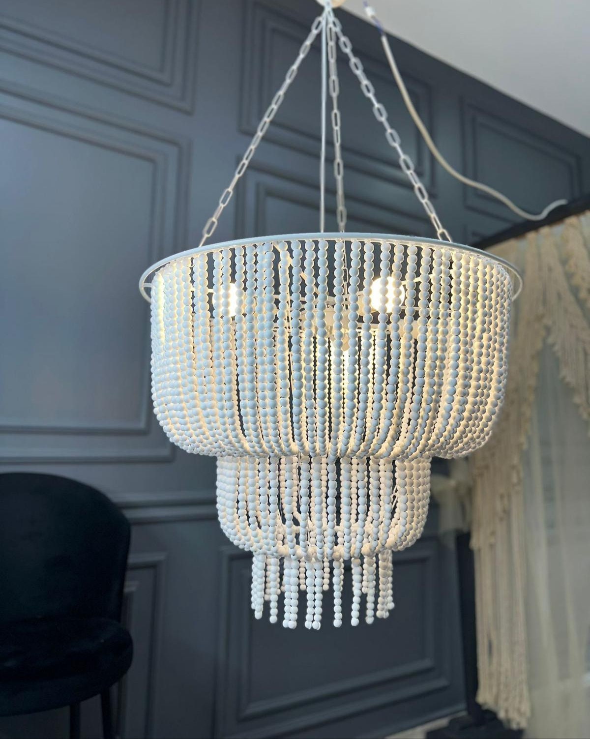 White Bead Chandelier, Modern Living Room Ligh, Wedding Decor, Beaded Lighting, Wood Pendant Light, Unique Ceiling Light, Rustic Chandelier,