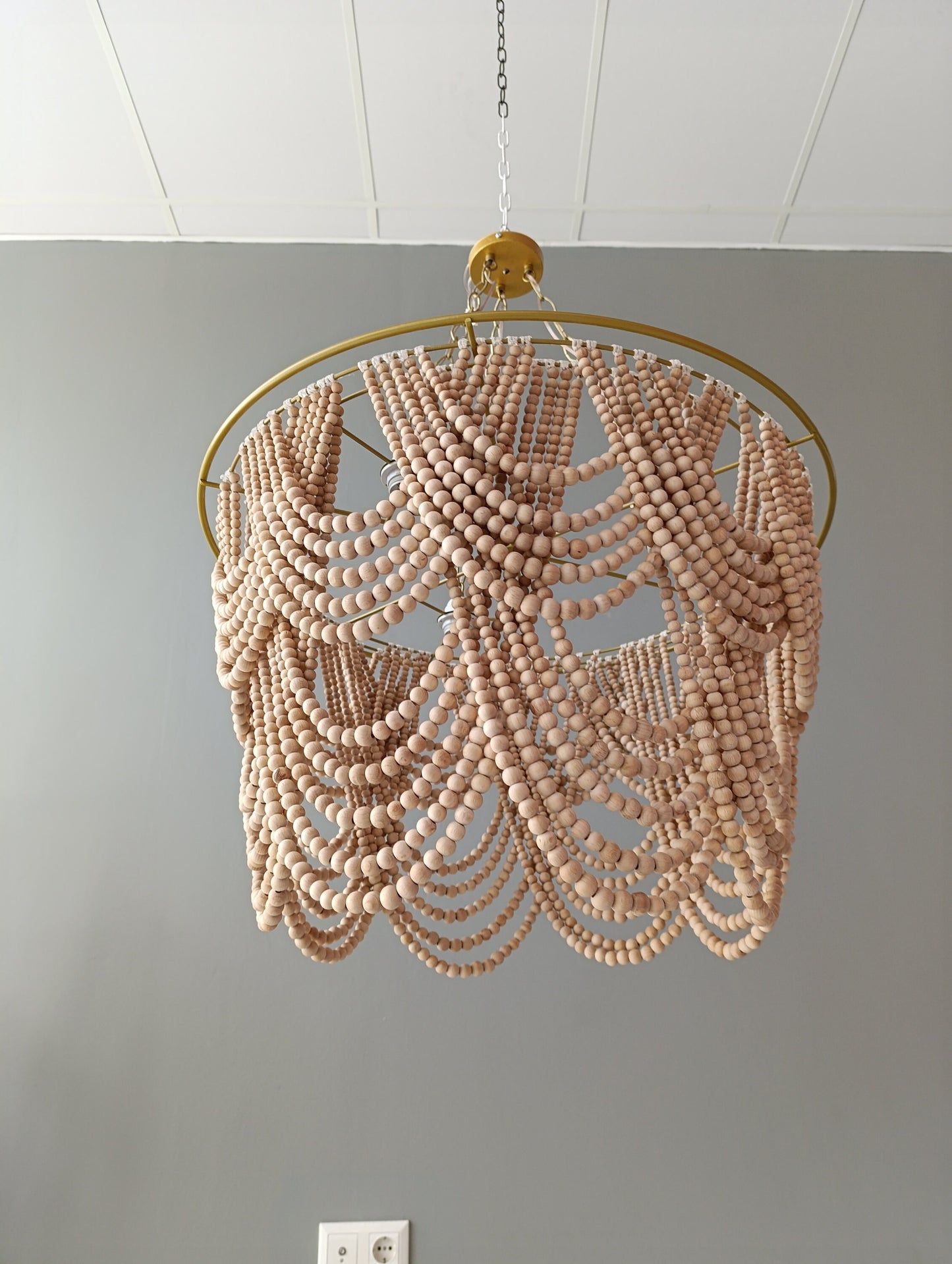 Boho Beaded Chandelier, Rustic Living Room Light, Nursery Lampshade, Farmhouse Decor, Wood Bead Light, Housewarming Gift, Christmas Gift