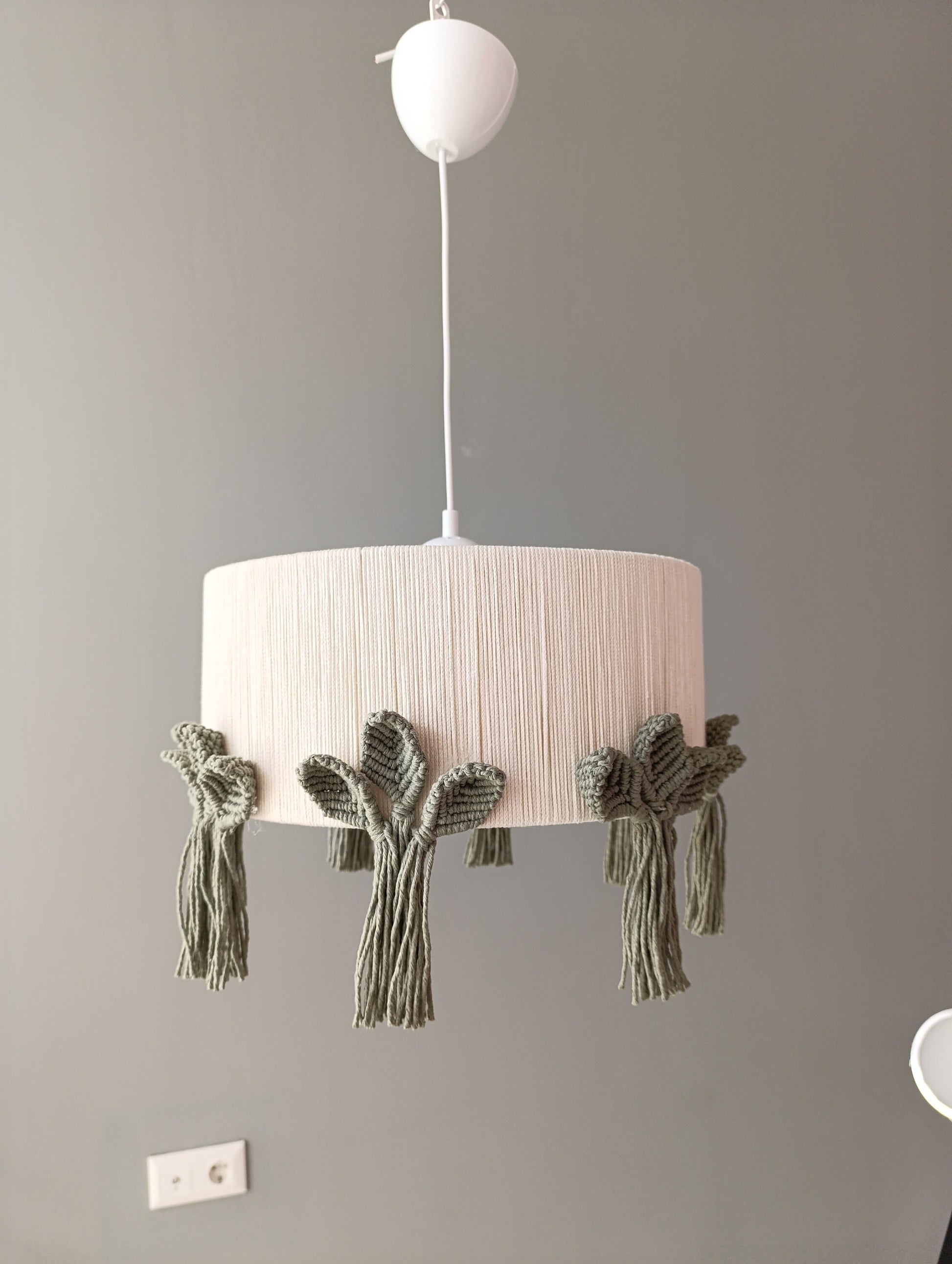 Green Flower Macrame Chandelier, Children's Boho Chandelier, Flower Lamp, Woven Ceiling Fixture, Children's Room Lampshade, Baby Room Lamp