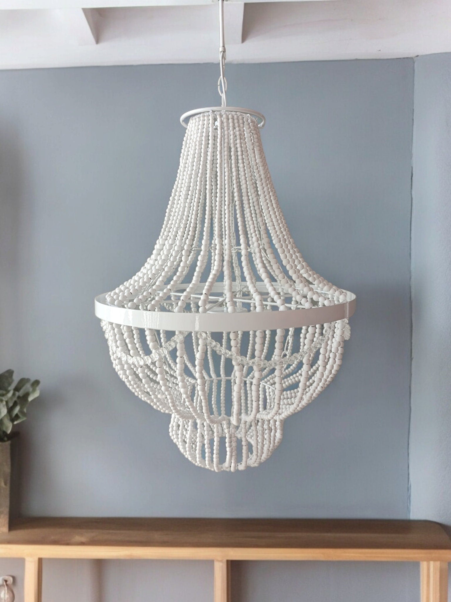 Beaded Chandelier, White Wood Bead Lİghting, Nordic Style Light, Rustic Chandelier, Nursery Lampshade, Unique Ceiling light, Wedding Decor