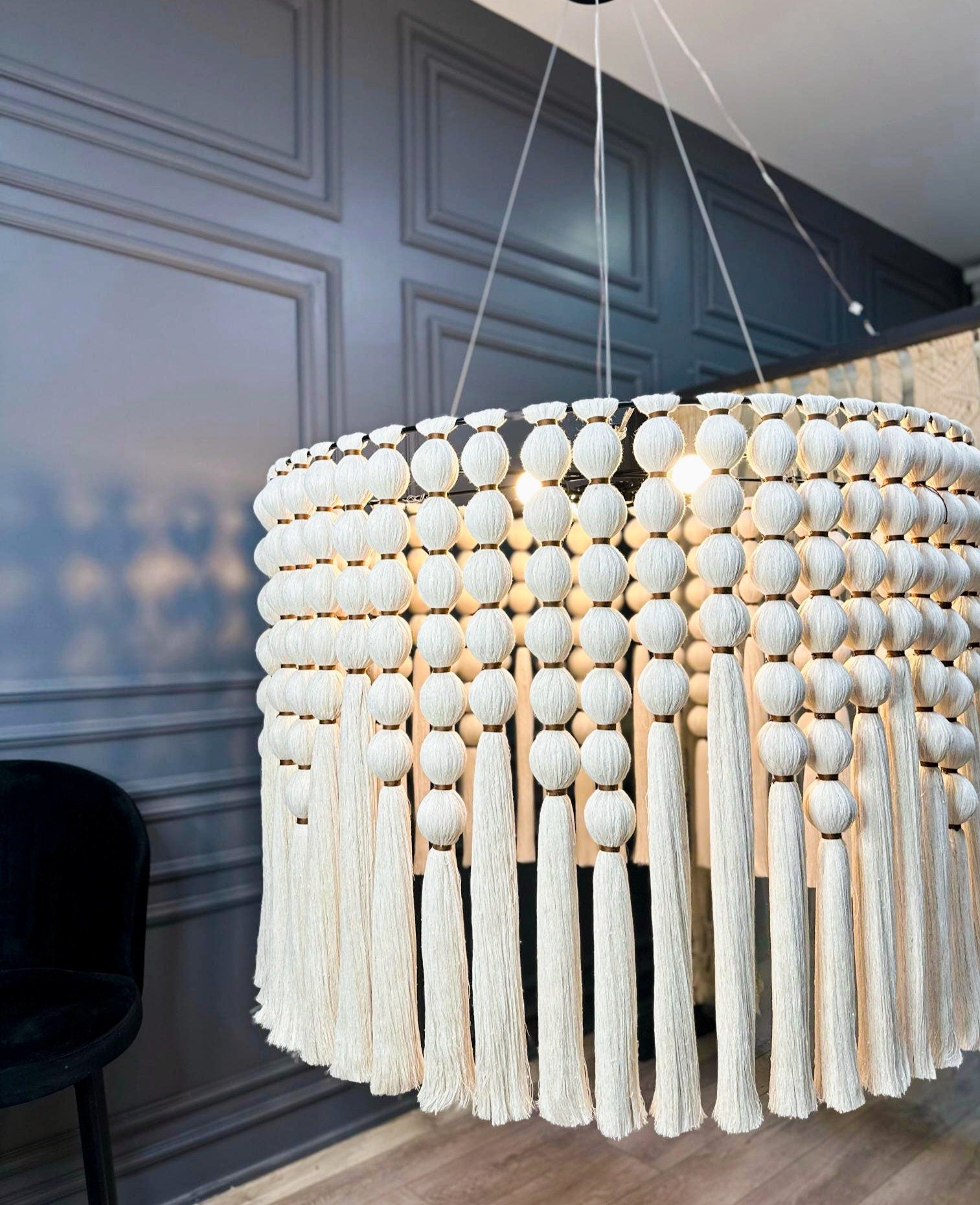 Boho Lighting, Macrame Chandelier, Cotton Tassel Chandelier, Boho Fringe Pendant Light, Nursery Lampshade, Living Room Lamp