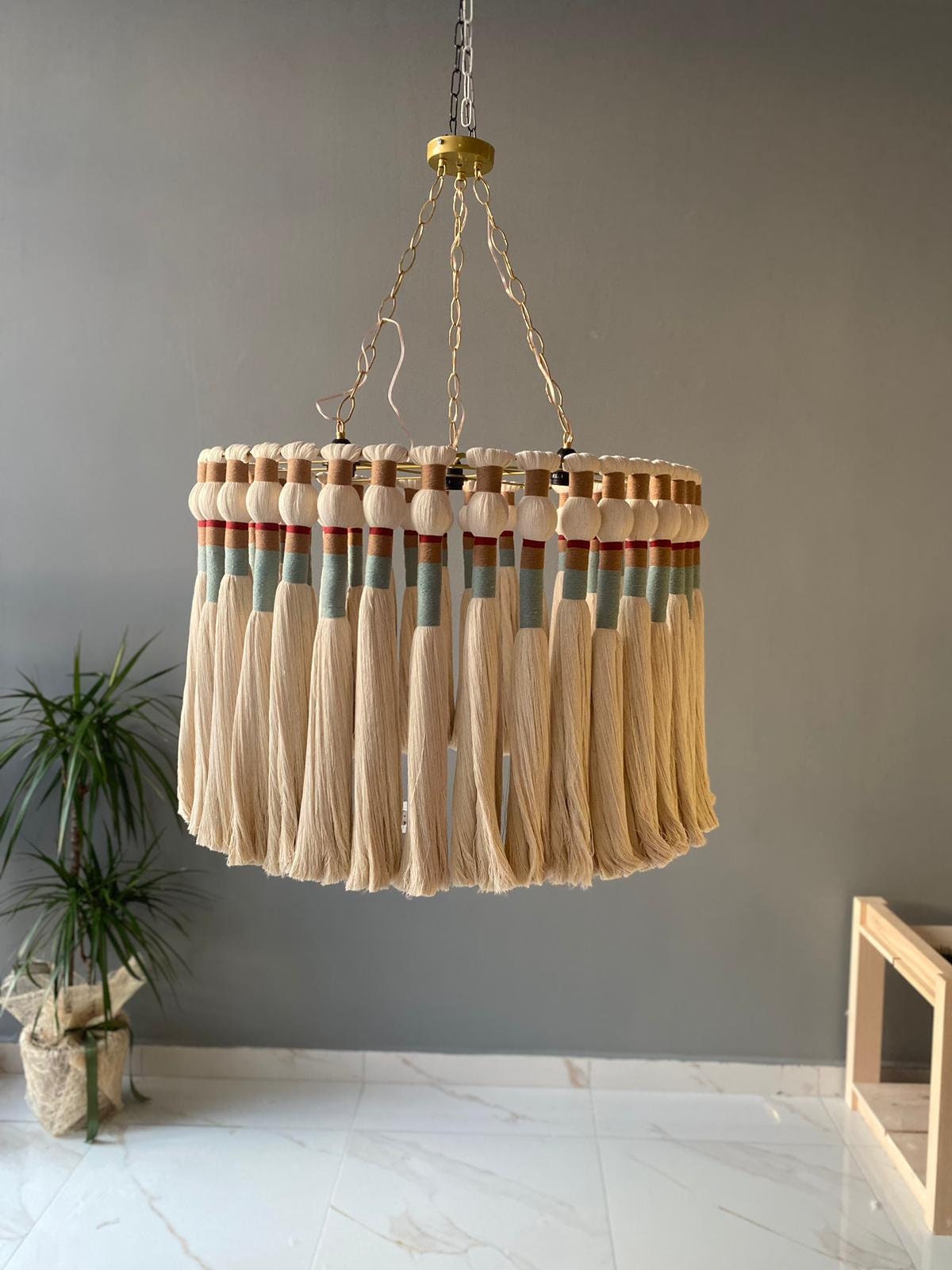 Tassel Chandelier, Macrame Pendant Light, Cotton Fringe Chandelier, Rustic Lampshade, Modern Boho Light, Living Room Light, Christmas gift,