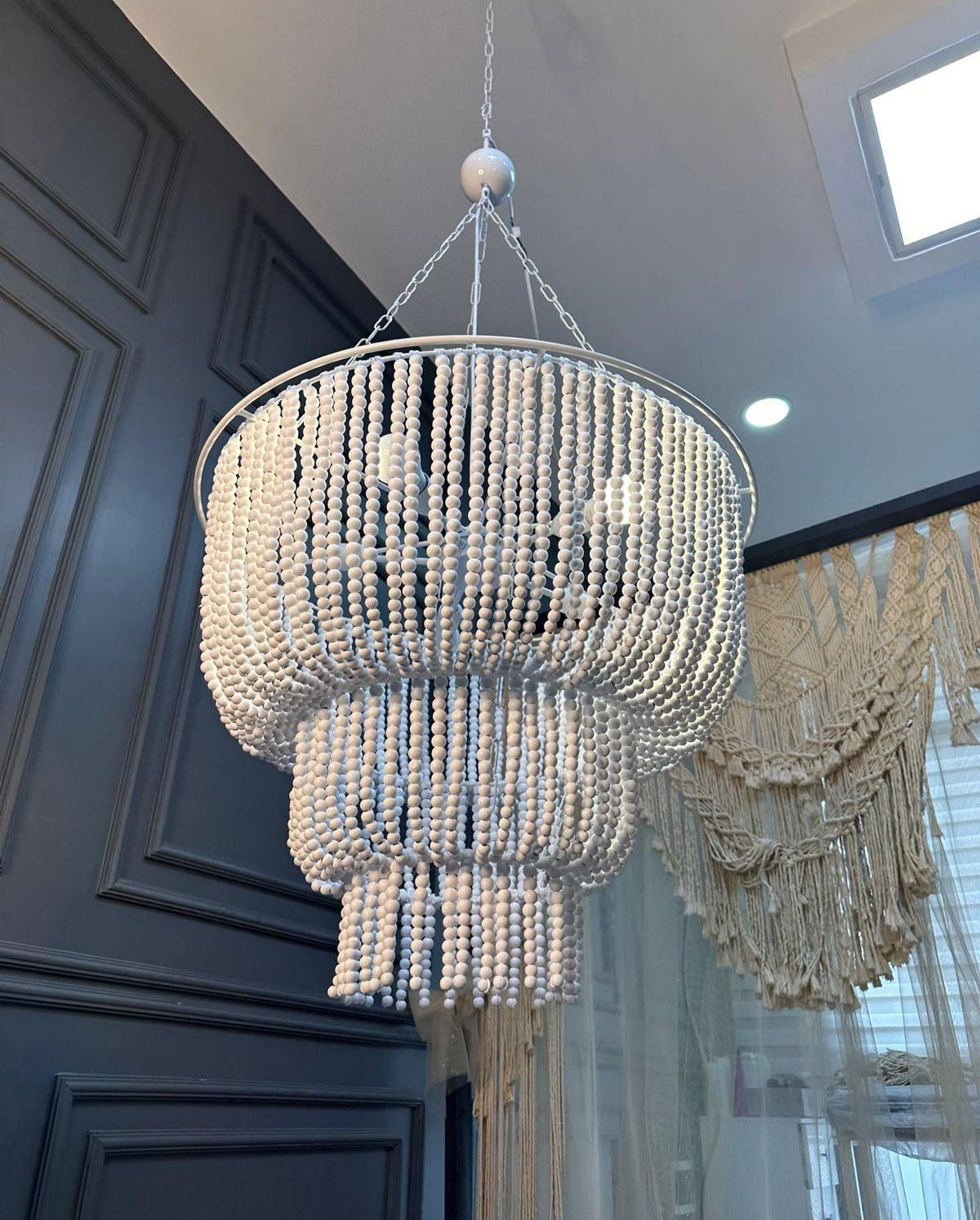 White Bead Chandelier, Modern Living Room Ligh, Wedding Decor, Beaded Lighting, Wood Pendant Light, Unique Ceiling Light, Rustic Chandelier,