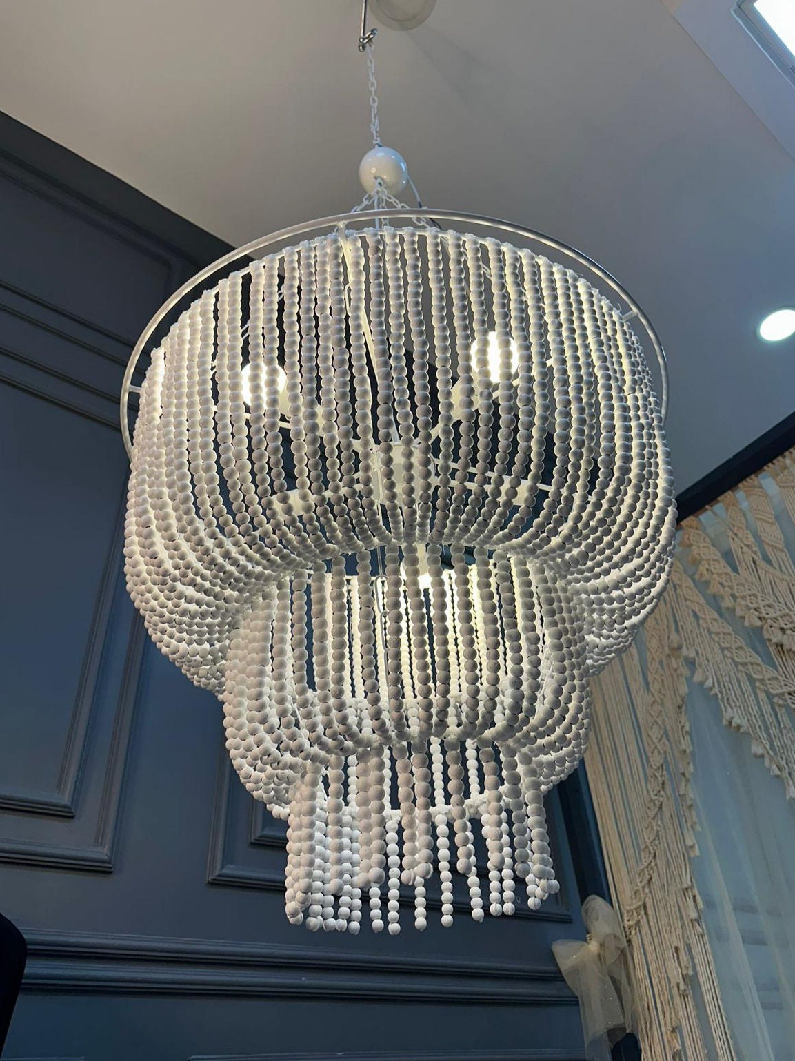 White Bead Chandelier, Modern Living Room Ligh, Wedding Decor, Beaded Lighting, Wood Pendant Light, Unique Ceiling Light, Rustic Chandelier,