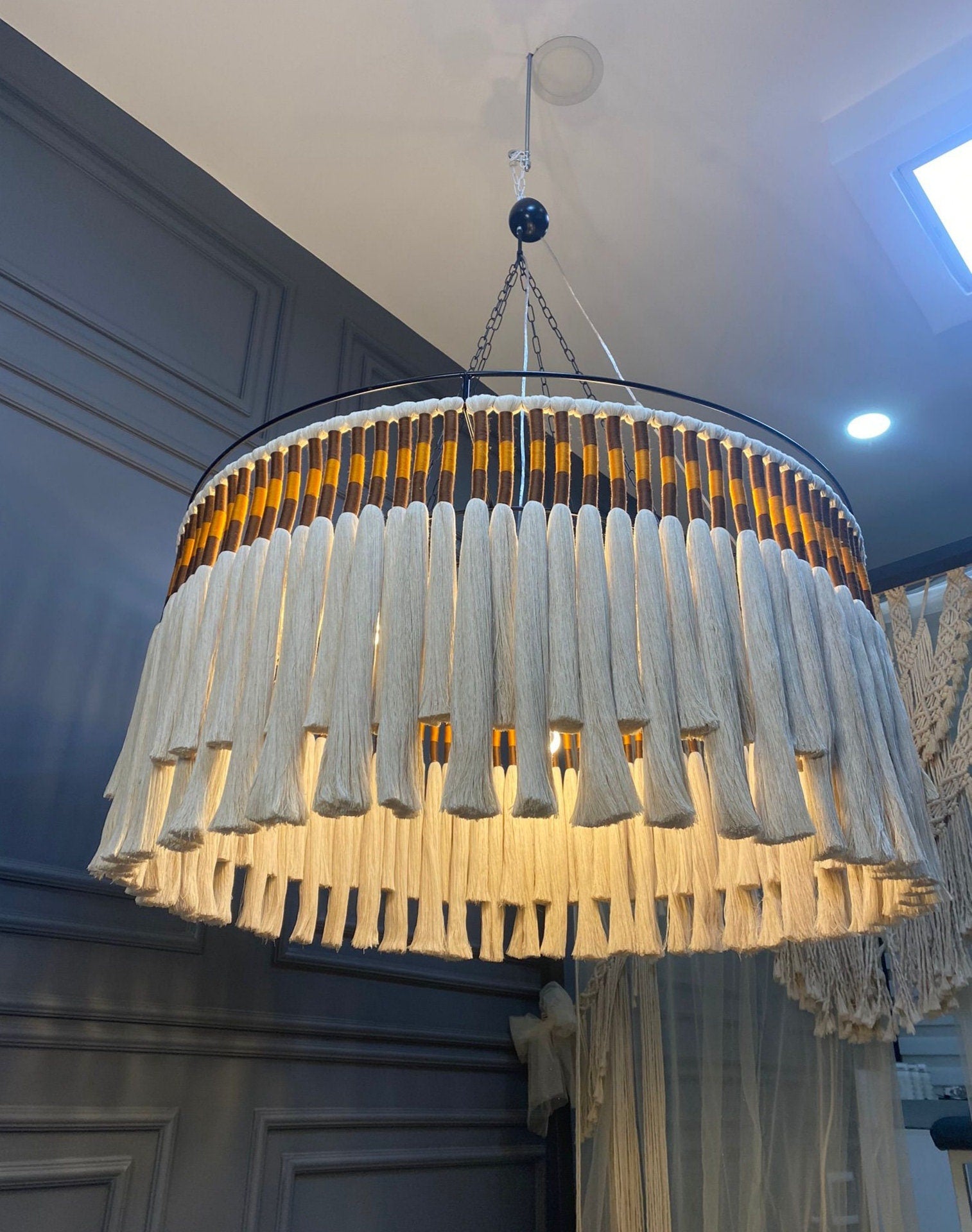 Luxury Pendant Light, Large Macrame Chandelier, Tassel Lighting, Modern Boho Fixture, Custom Macrame Light, Woven Chandelier, Boho Lighting,