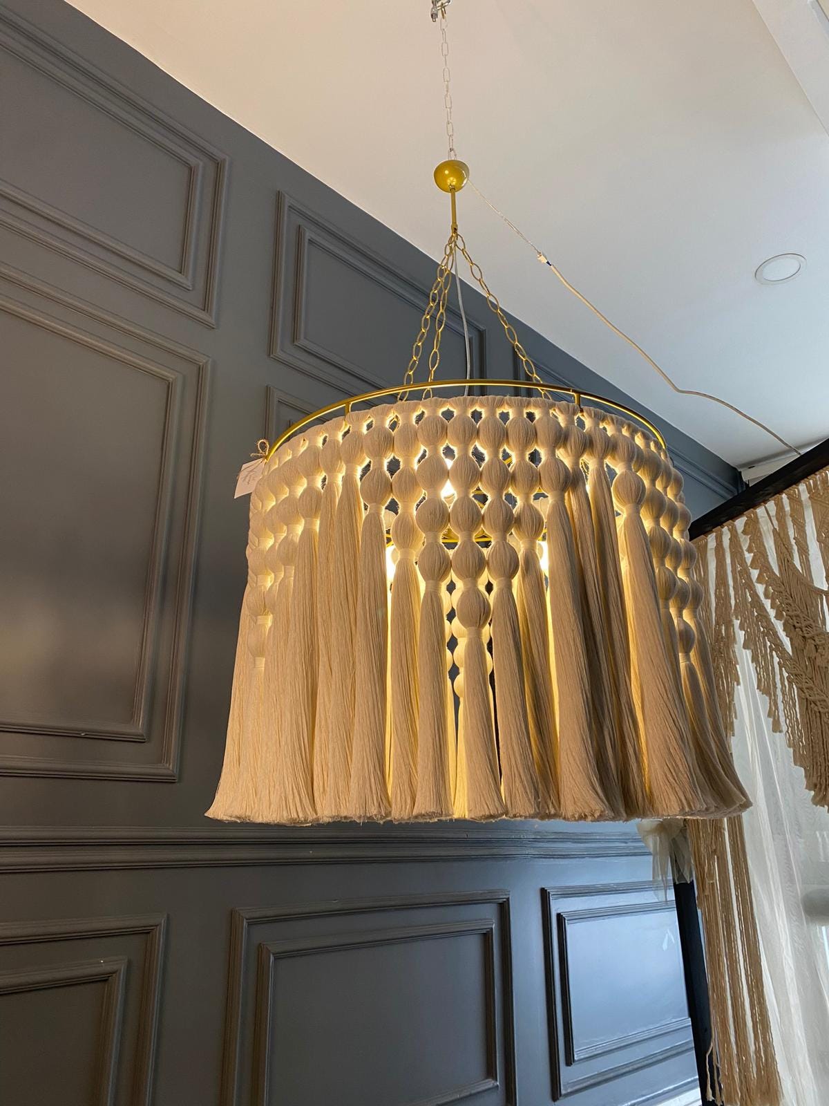 Cotton Tassel Chandelier, Boho Fringe Pendant Light, Modern Boho Light, Living Room Light, Macrame Chandelier, Tapestry Design Chandelier,