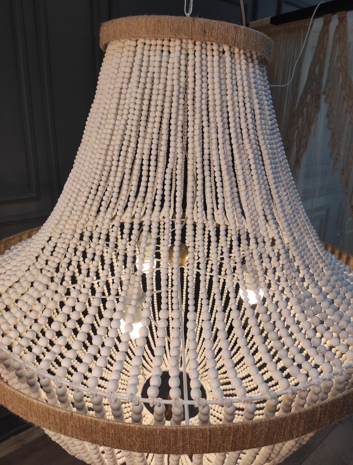 White Beaded Chandelier, Rustic Pendant Light, Farmhouse Light, Modern Living Room Lighting, Nursery Lampshade, Boho Light, Nordic Lighting