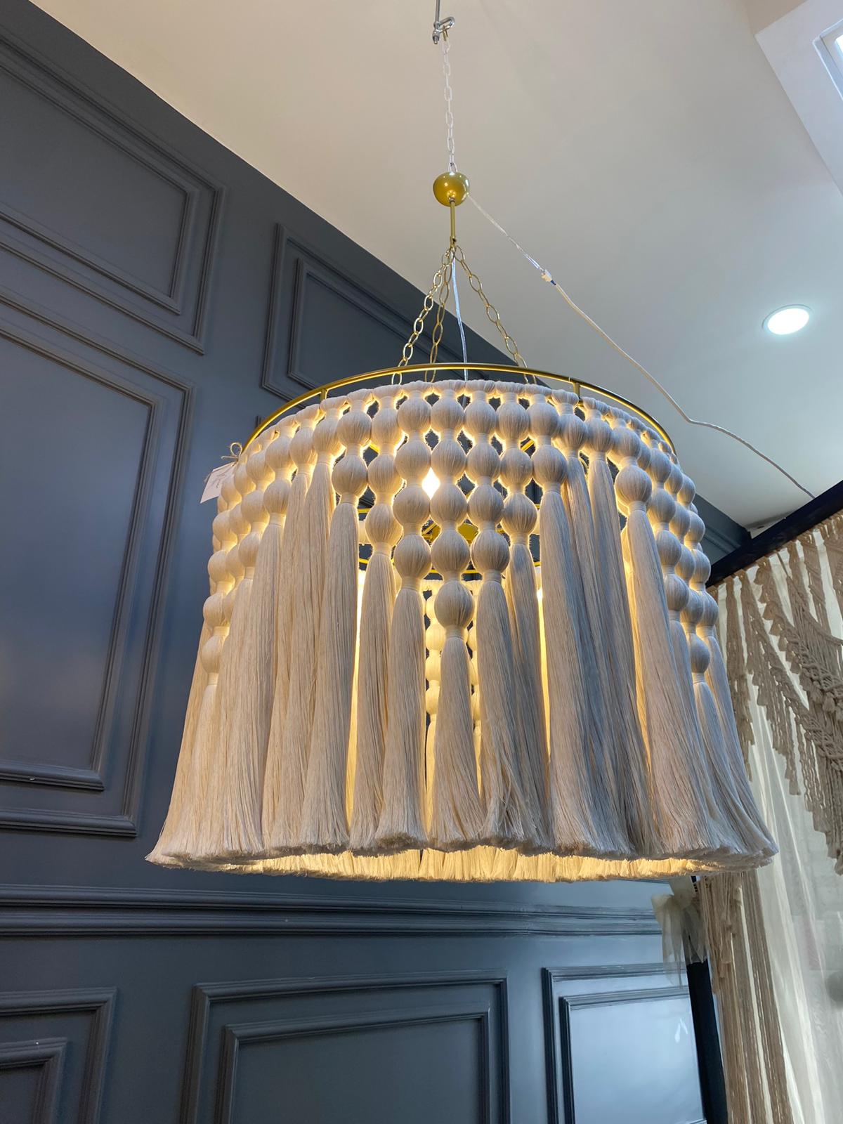 Cotton Tassel Chandelier, Boho Fringe Pendant Light, Modern Boho Light, Living Room Light, Macrame Chandelier, Tapestry Design Chandelier,