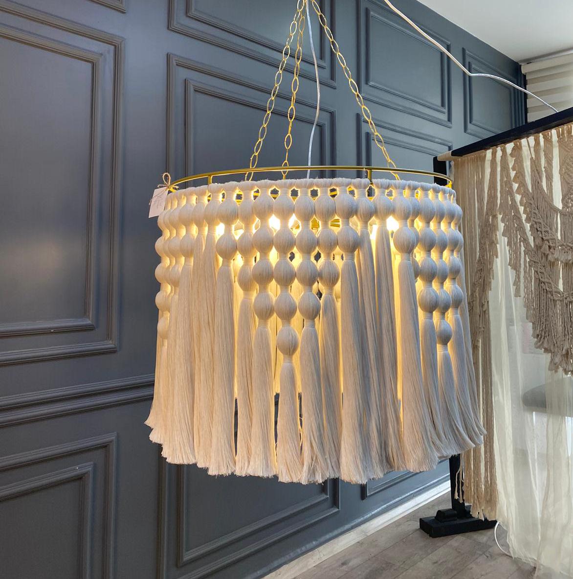 Cotton Tassel Chandelier, Boho Fringe Pendant Light, Modern Boho Light, Living Room Light, Macrame Chandelier, Tapestry Design Chandelier,