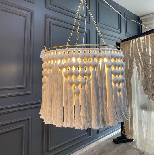 Cotton Tassel Chandelier, Boho Fringe Pendant Light, Modern Boho Light, Living Room Light, Macrame Chandelier, Tapestry Design Chandelier,