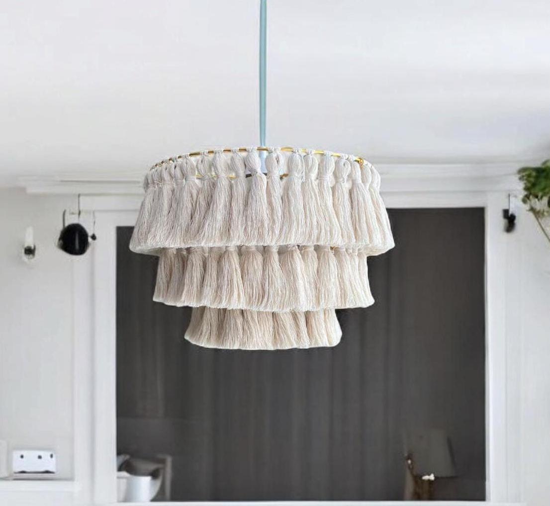 Cotton Tassel Light, Fringe Chandelier, Nursery Lampshade, Boho Light Fixture, Macrame Lampshade, Bohomian Lighting, Christmas Gift