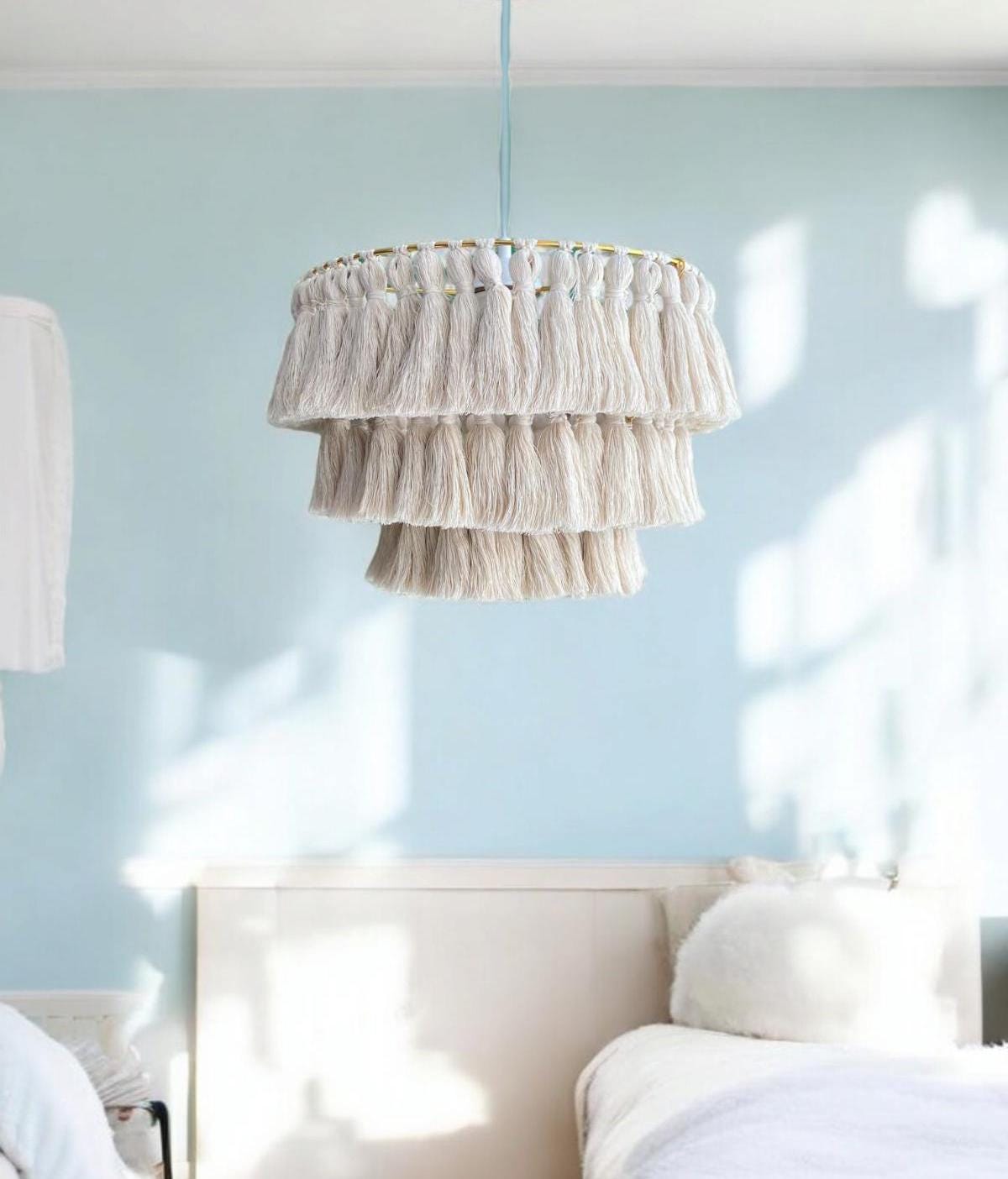 Cotton Tassel Light, Fringe Chandelier, Nursery Lampshade, Boho Light Fixture, Macrame Lampshade, Bohomian Lighting, Christmas Gift