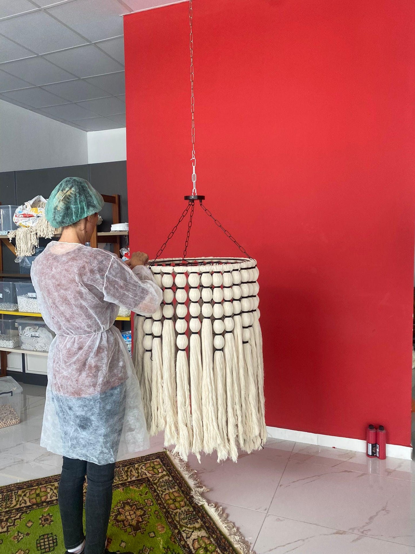 Cotton Tassel Chandelier, Boho Fringe Pendant Lamp, Living Room Lampshade, Unique Ceiling Lamp, Tapestry Design Chandelier.