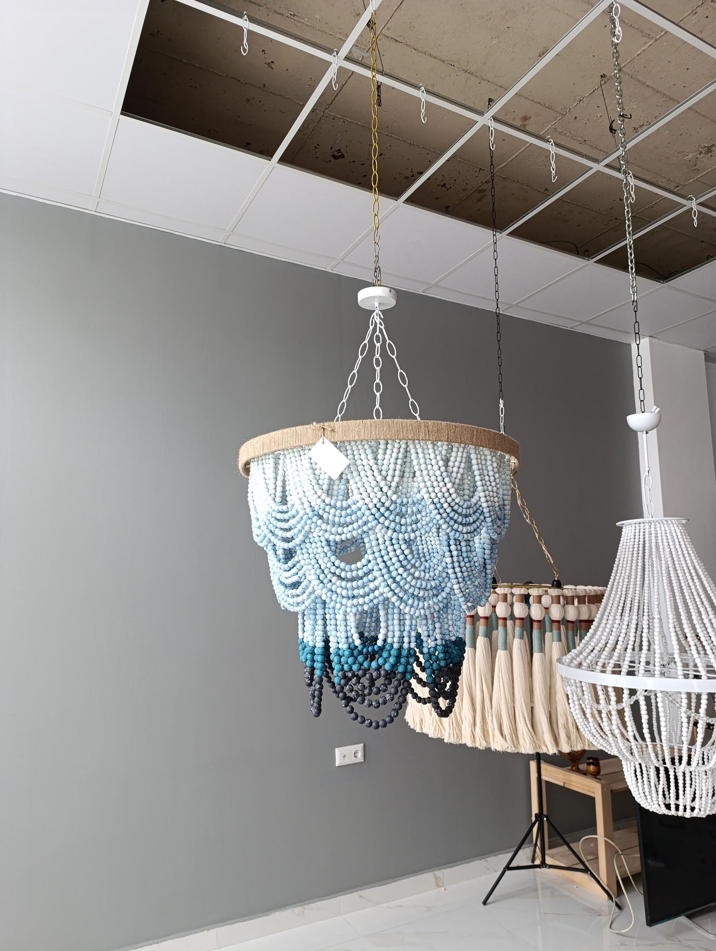 Elegant White Wooden Bead Chandelier - Coastal & Rustic Home Lighting