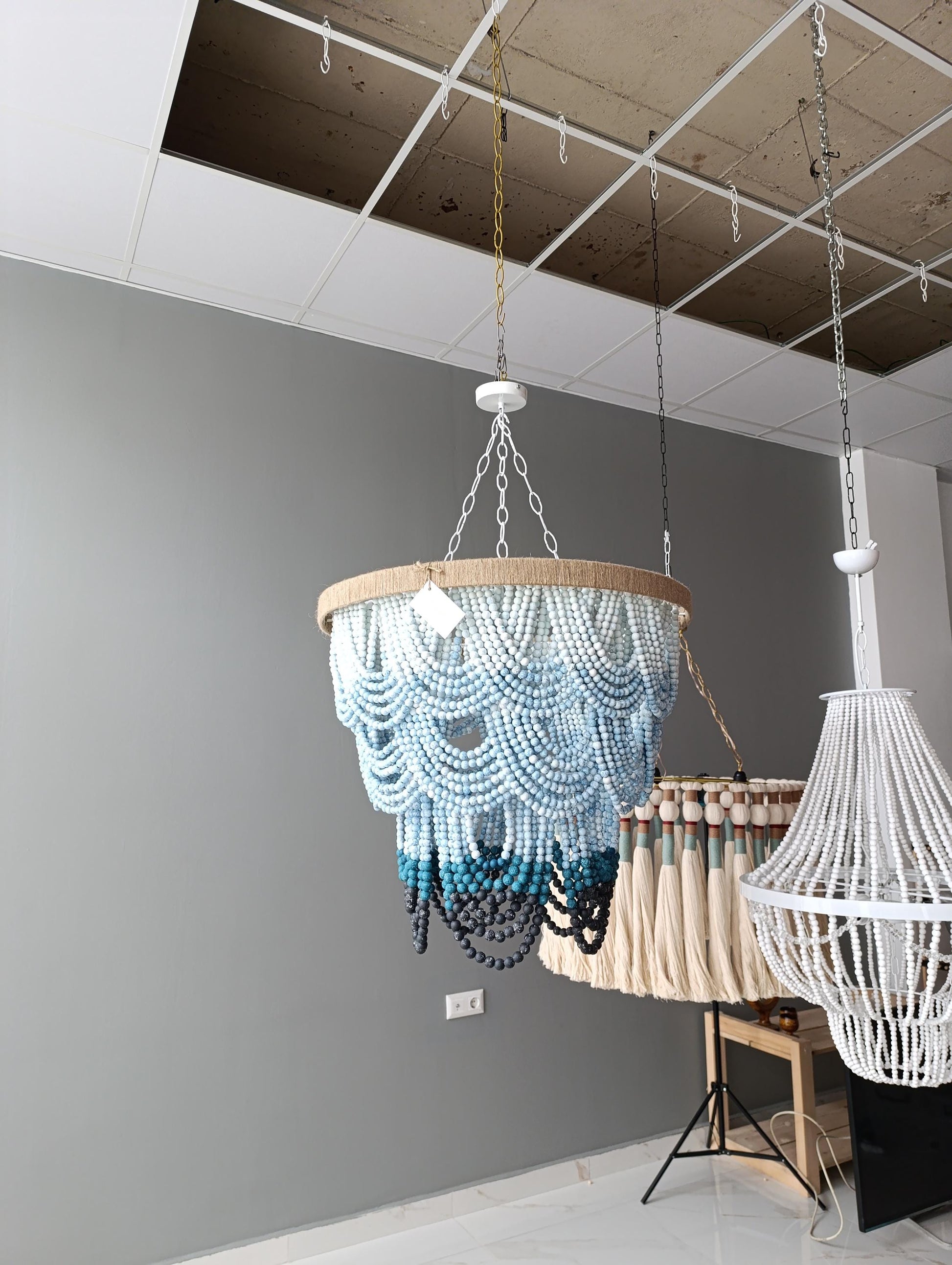 Elegant White Wooden Bead Chandelier - Coastal & Rustic Home Lighting