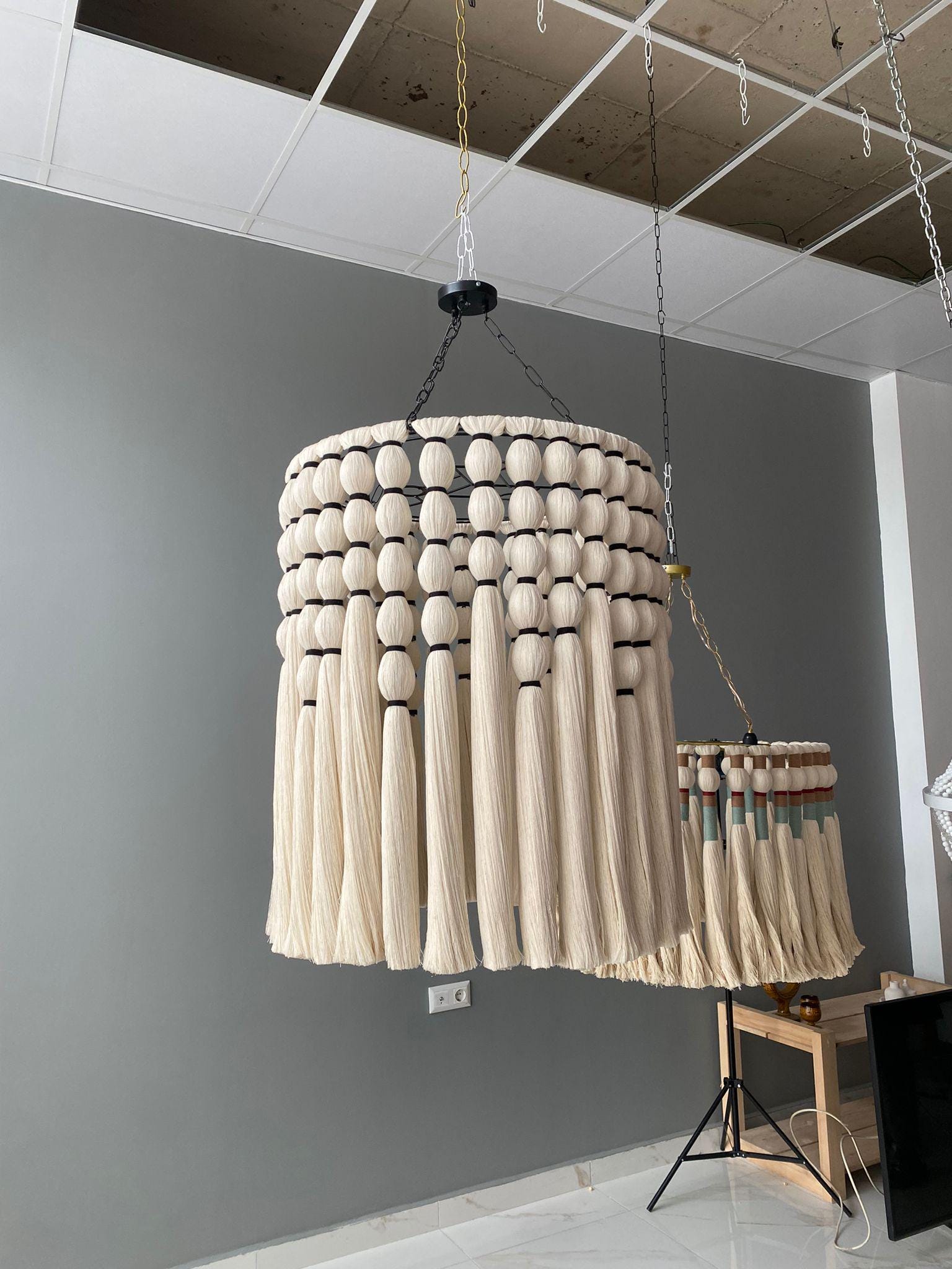 Cotton Tassel Chandelier, Boho Fringe Pendant Lamp, Living Room Lampshade, Unique Ceiling Lamp, Tapestry Design Chandelier.