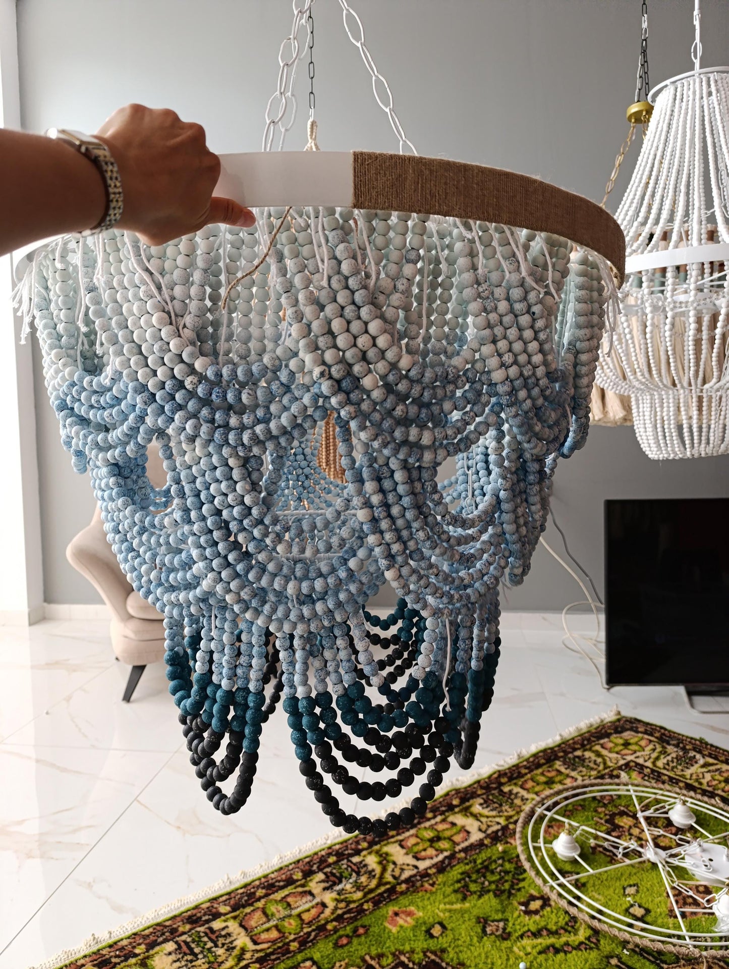 Boho Beaded Chandelier with Adjustable Chain - Handcrafted Light Fixture