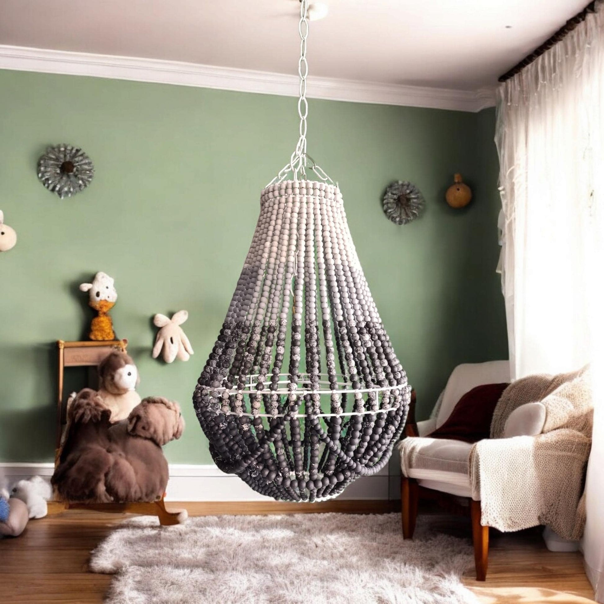 Grey Ombre Bead Lighting, Modern Nursery Lighting, Boho Chic Wooden Bead Lİght, Rustic Boho Light, Bohemian Lİght Fixture, Boho Home Decor,