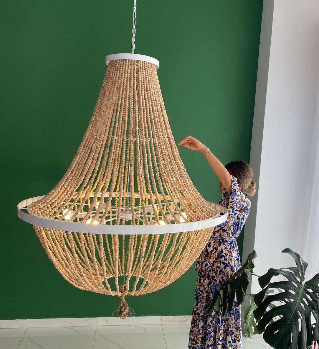 Handmade Beaded Macrame Chandelier, Large Natural Cotton and Wooden Beaded Pendant Lamp,,
Perfect for Bohemian, Rustic or Coastal Style Interiors or Patios, This Uniquely Chic Pendant Light Adds Warmth and Texture.