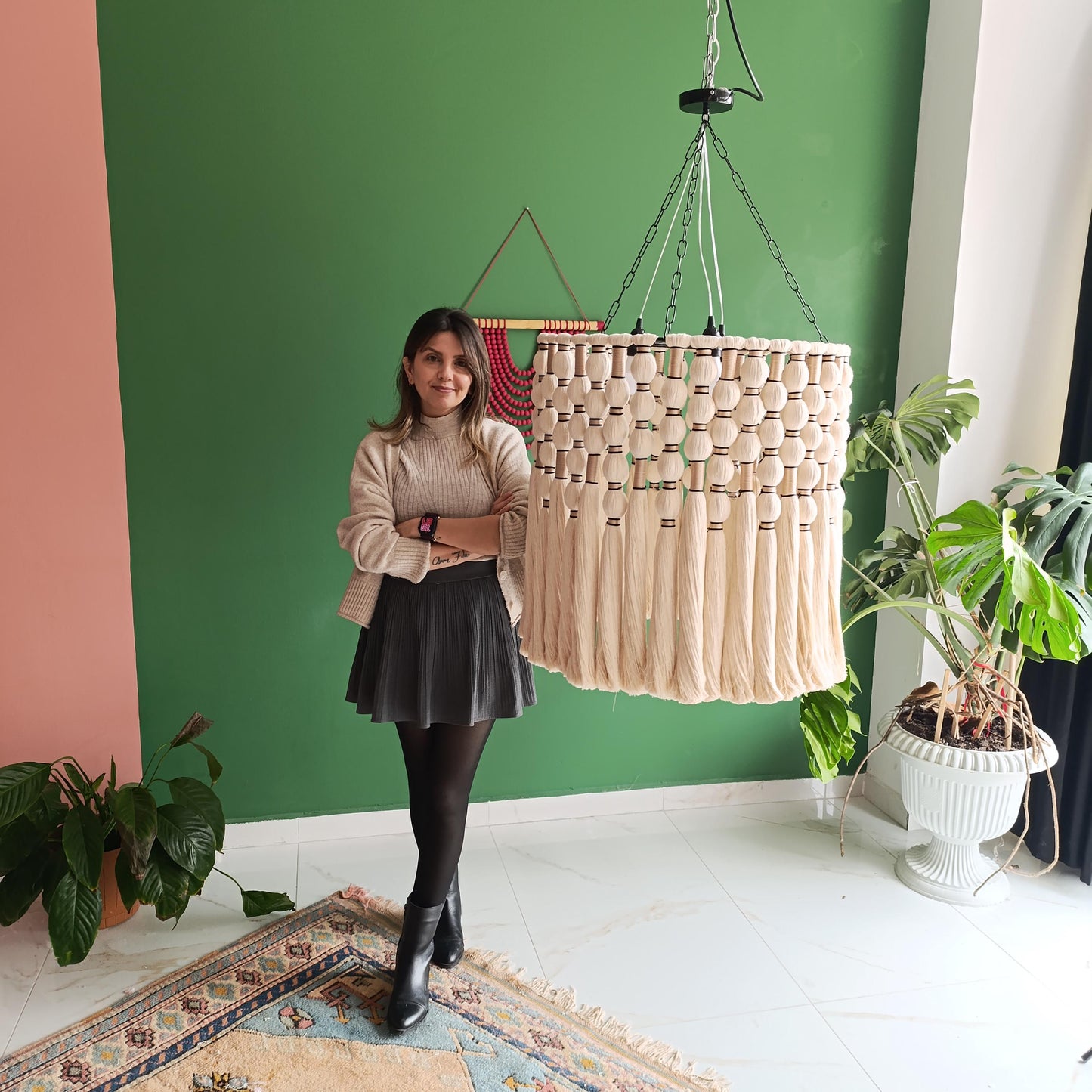 Cotton Tassel Light, Macrame Boho Light, Modern Living Room Chandelier, Tapestry Design Chandelier, Fringe Pendant Light, Unique Lighting