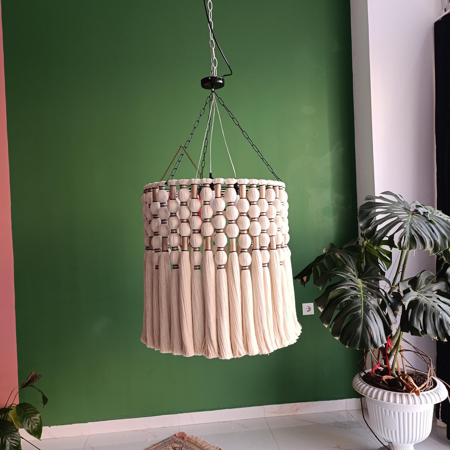 Cotton Tassel Light, Macrame Boho Light, Modern Living Room Chandelier, Tapestry Design Chandelier, Fringe Pendant Light, Unique Lighting