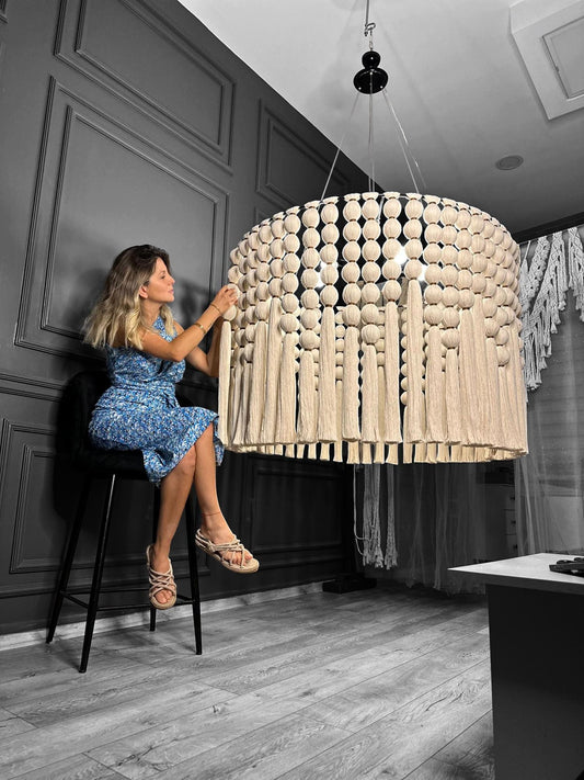 Boho Lighting, Macrame Chandelier, Cotton Tassel Chandelier, Boho Fringe Pendant Light, Nursery Lampshade, Living Room Lamp
