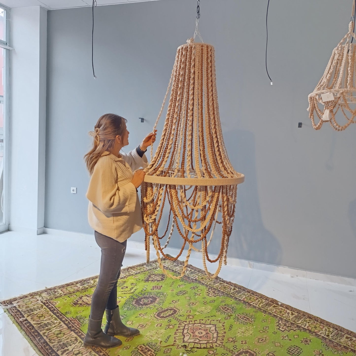 Bohemian Lighting, Rustic Chandelier, Macrame Pendant Light, Modern Living Room Lamp, Large Beaded Light, Farmhouse Light, Housewarming Gift