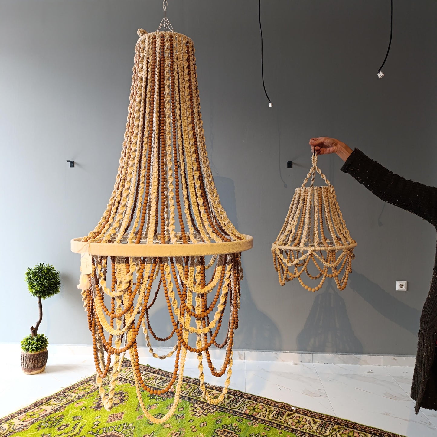 Bohemian Lighting, Rustic Chandelier, Macrame Pendant Light, Modern Living Room Lamp, Large Beaded Light, Farmhouse Light, Housewarming Gift