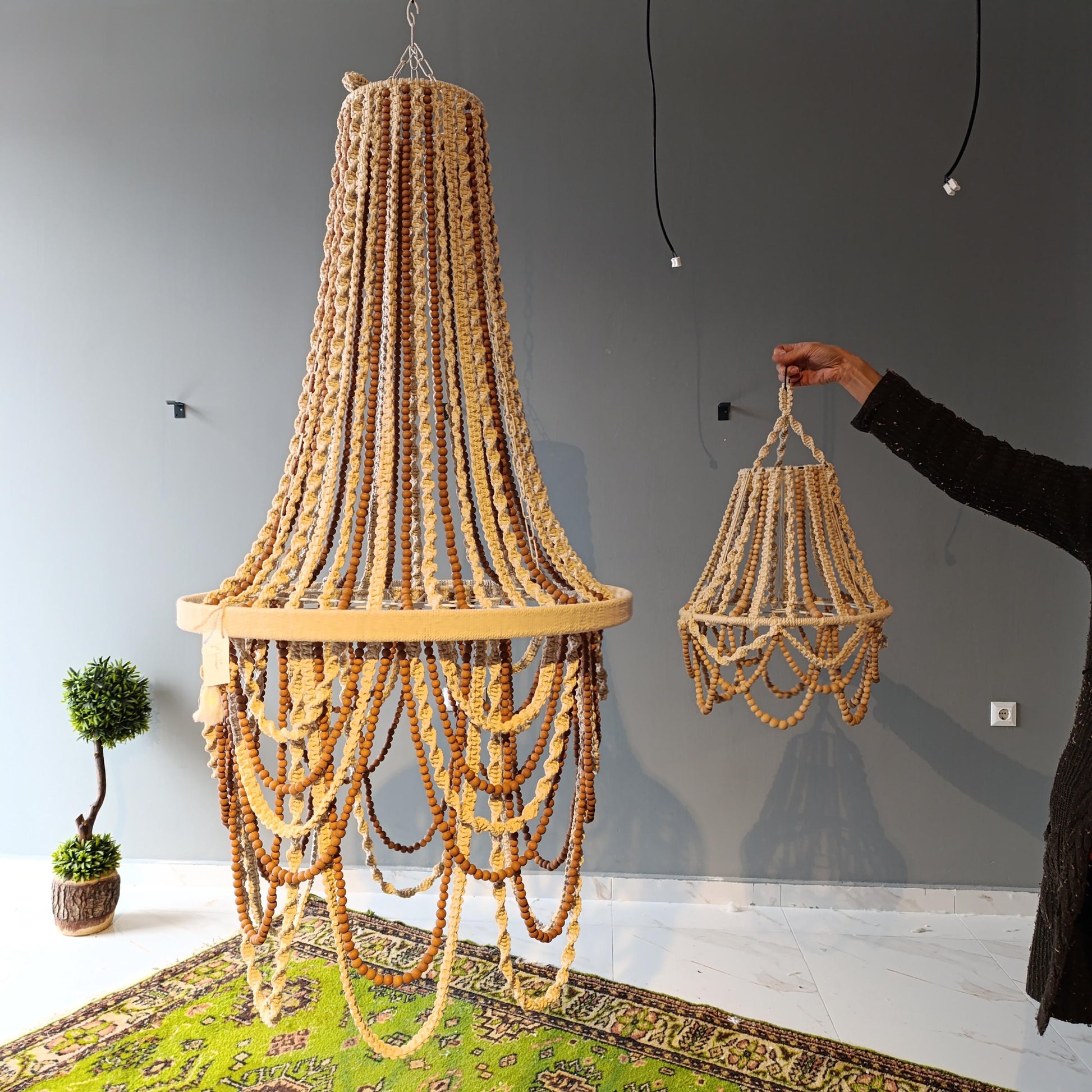 Bohemian Lighting, Rustic Chandelier, Macrame Pendant Light, Modern Living Room Lamp, Large Beaded Light, Farmhouse Light, Housewarming Gift