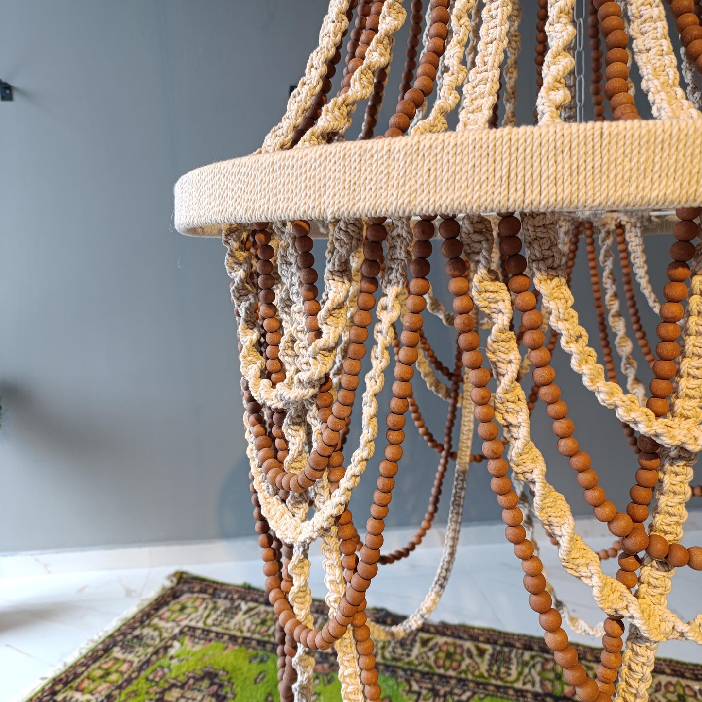 Bohemian Lighting, Rustic Chandelier, Macrame Pendant Light, Modern Living Room Lamp, Large Beaded Light, Farmhouse Light, Housewarming Gift