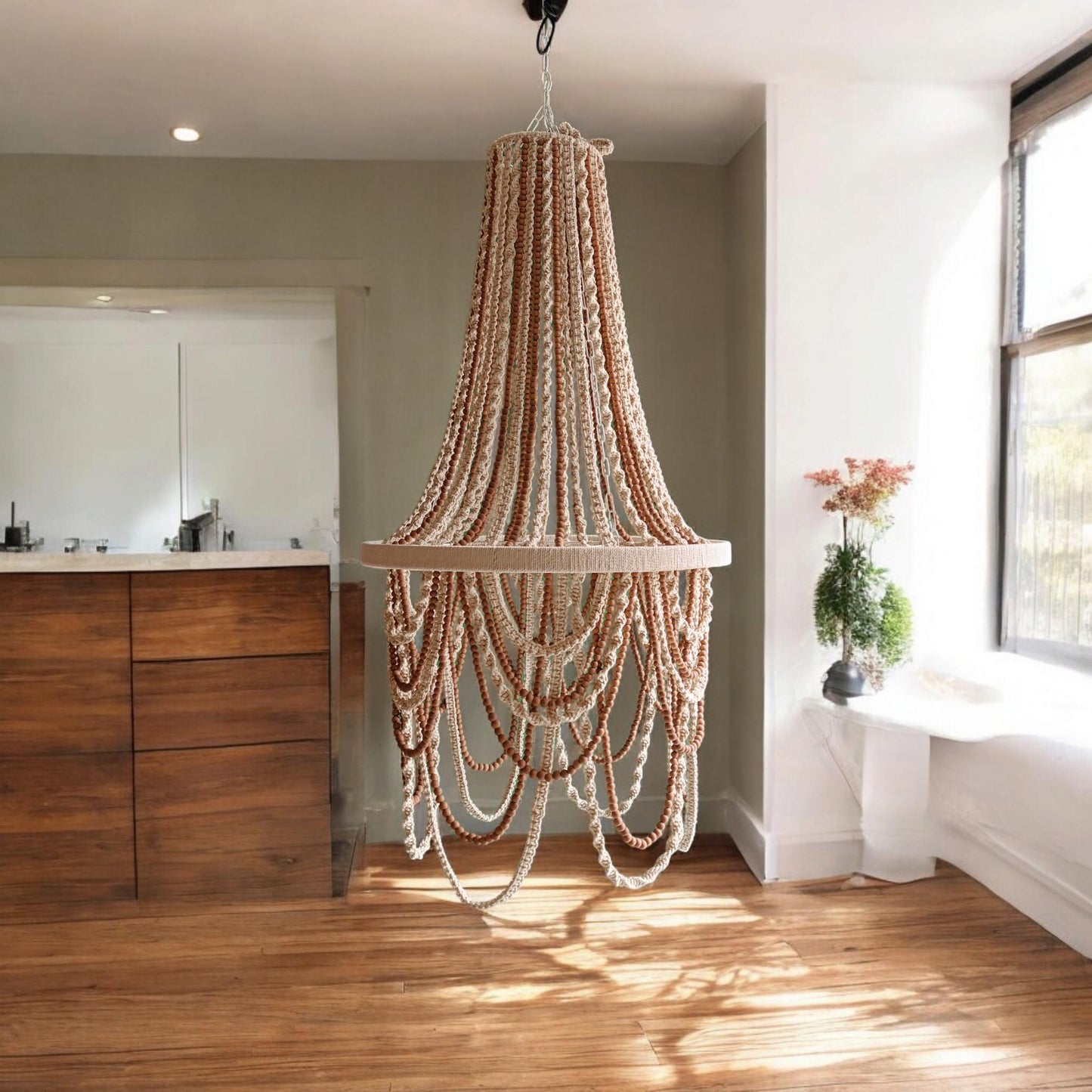 Bohemian Lighting, Rustic Chandelier, Macrame Pendant Light, Modern Living Room Lamp, Large Beaded Light, Farmhouse Light, Housewarming Gift
