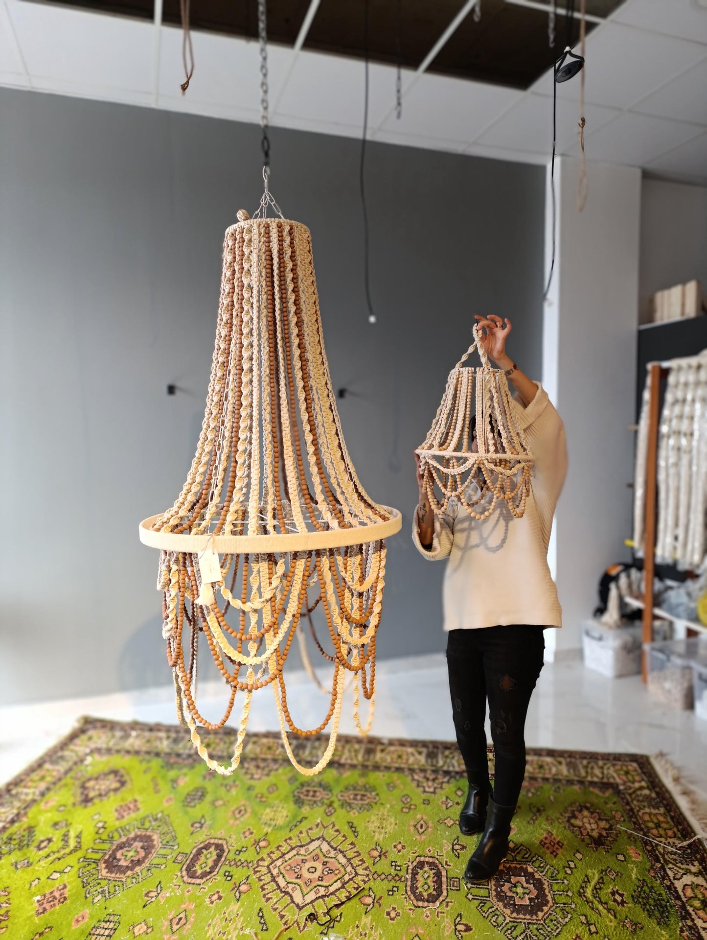 Bohemian Lighting, Rustic Chandelier, Macrame Pendant Light, Modern Living Room Lamp, Large Beaded Light, Farmhouse Light, Housewarming Gift