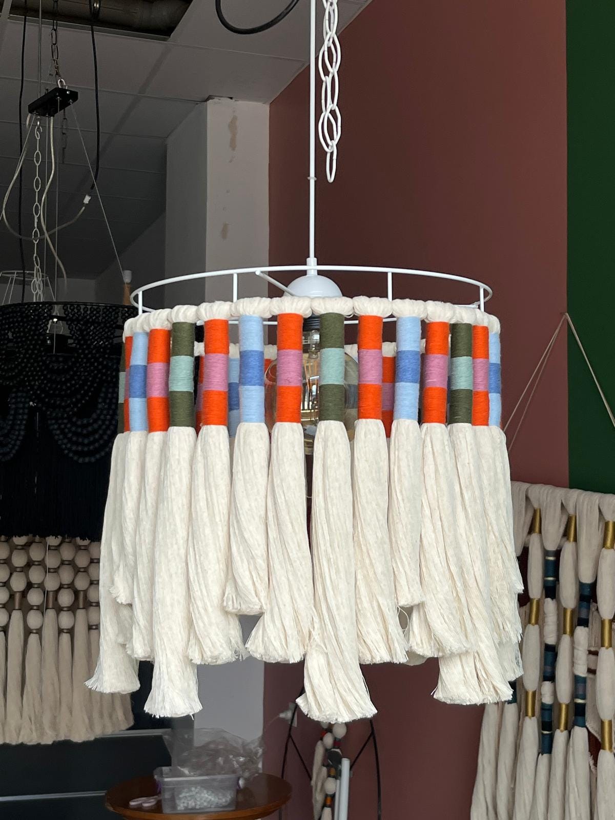 Boho Fringe Lampshade, Baby Room Lamp, Nursery Bohemian Light, Cotton Pendant Light, Woven chandelier, Boho Fixture Light,