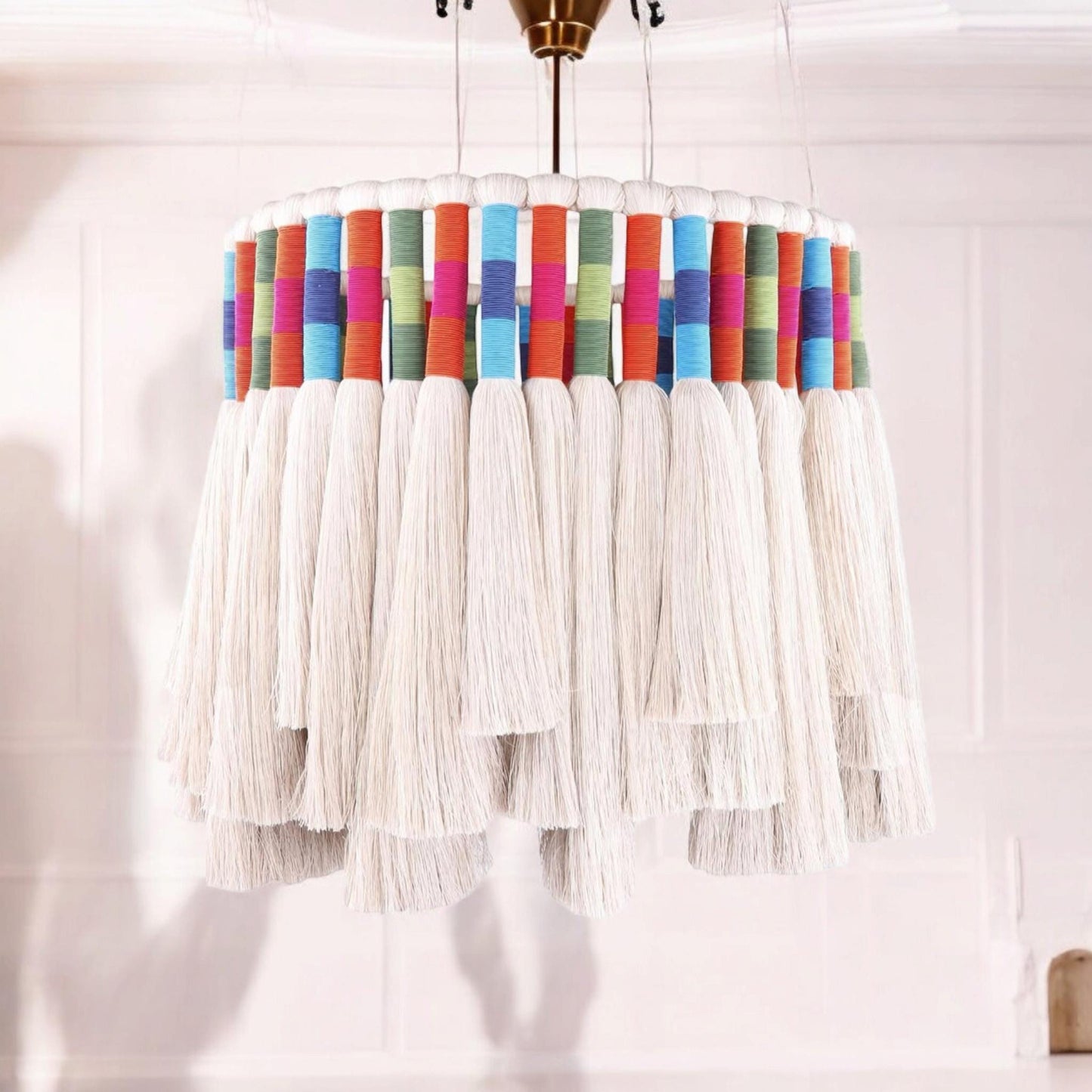 Boho Fringe Lampshade, Baby Room Lamp, Nursery Bohemian Light, Cotton Pendant Light, Woven chandelier, Boho Fixture Light,