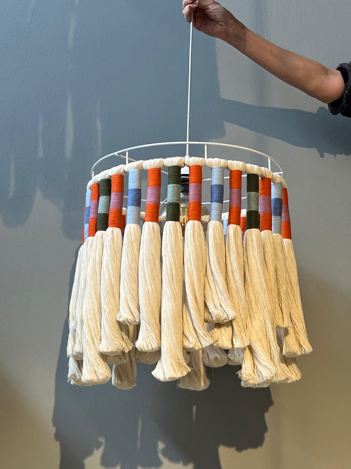 Boho Fringe Lampshade, Baby Room Lamp, Nursery Bohemian Light, Cotton Pendant Light, Woven chandelier, Boho Fixture Light,