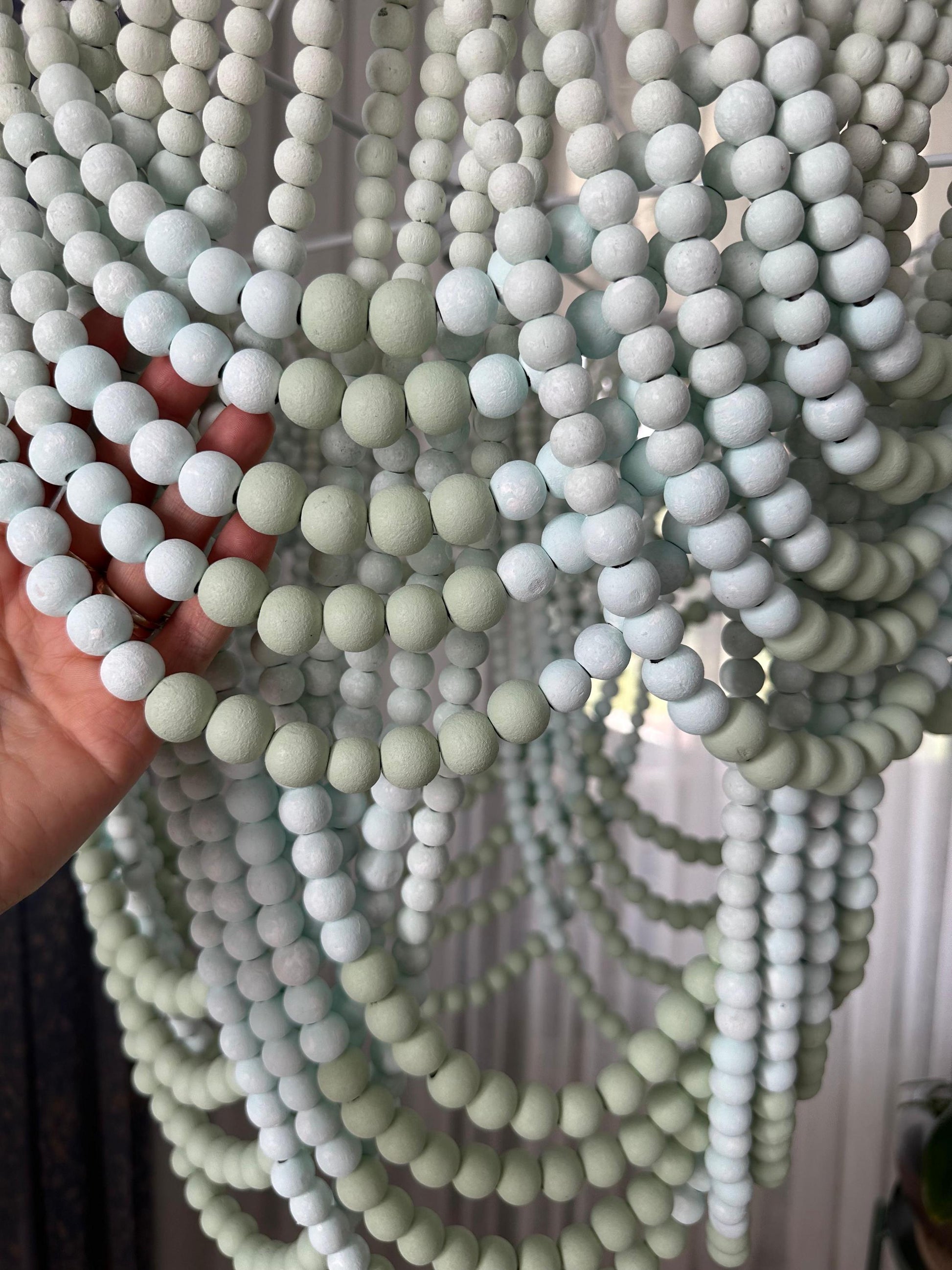 Coral Chandelier, Blue Beaded Light, Beach House Light, Rustic Living Room Light, Nursery Pendant Light,Wood Bead Light, Mother's Day Gift