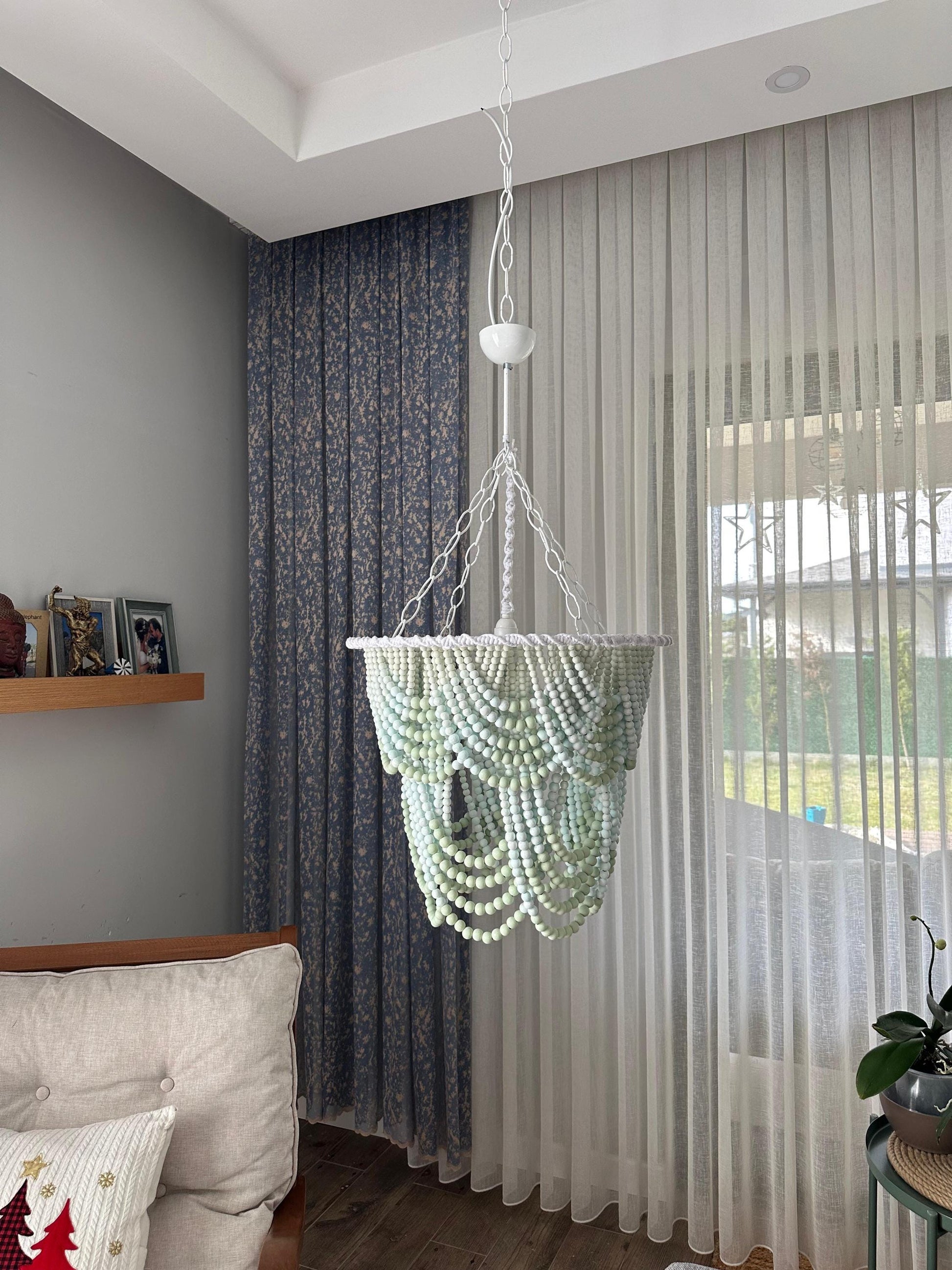 Coral Chandelier, Blue Beaded Light, Beach House Light, Rustic Living Room Light, Nursery Pendant Light,Wood Bead Light, Mother's Day Gift