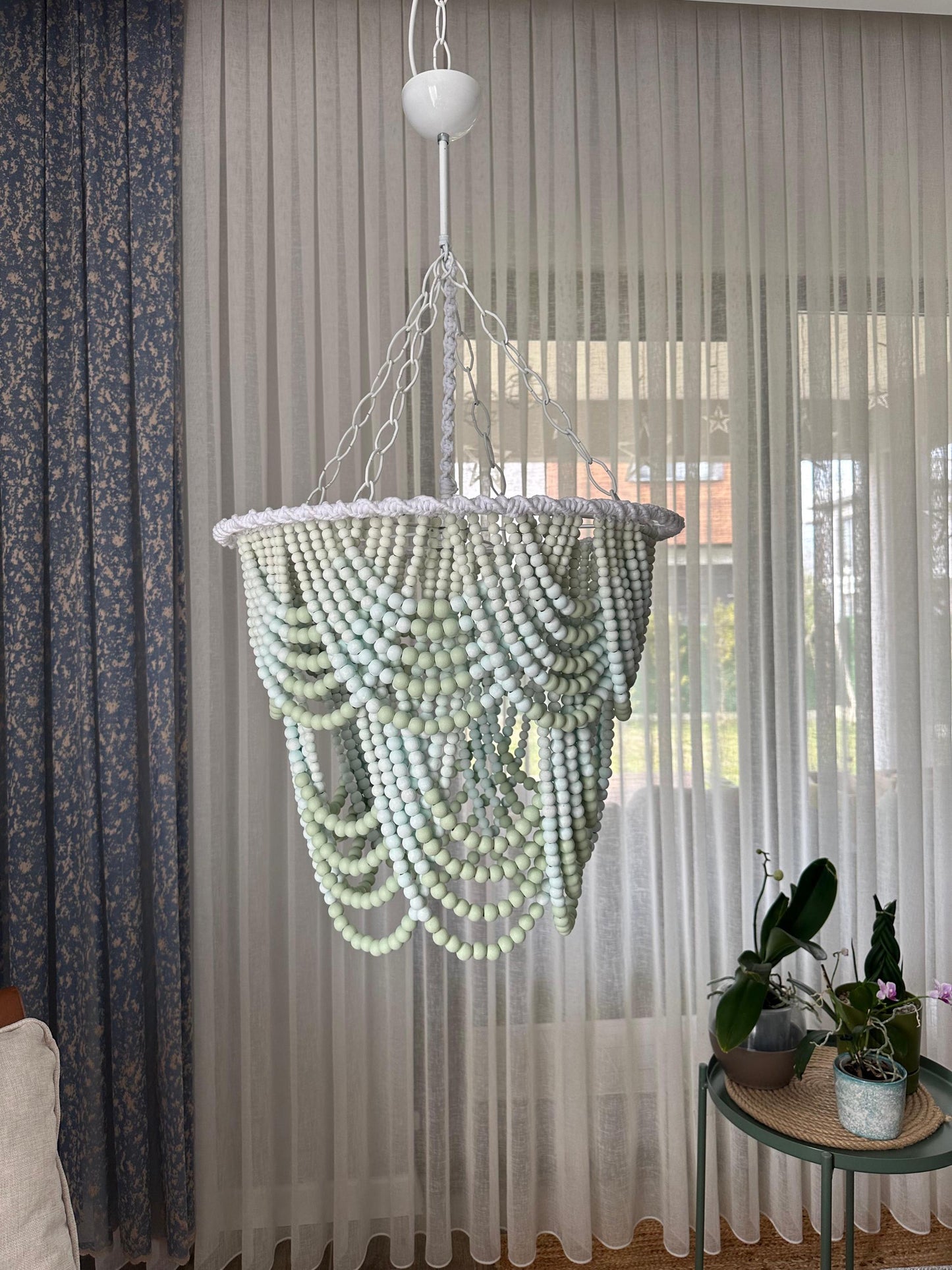 Coral Chandelier, Blue Beaded Light, Beach House Light, Rustic Living Room Light, Nursery Pendant Light,Wood Bead Light, Mother's Day Gift