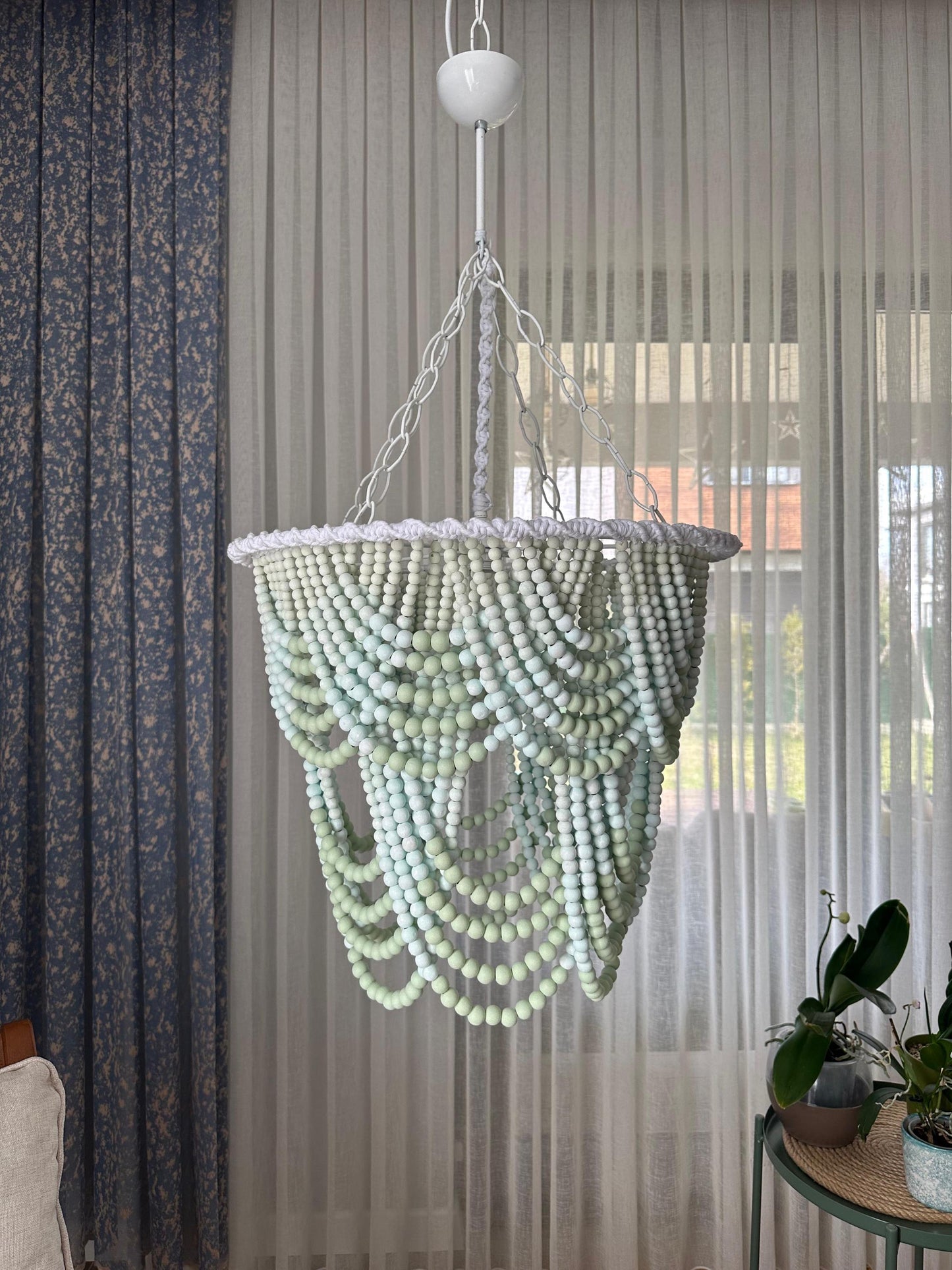 Coral Chandelier, Blue Beaded Light, Beach House Light, Rustic Living Room Light, Nursery Pendant Light,Wood Bead Light, Mother's Day Gift