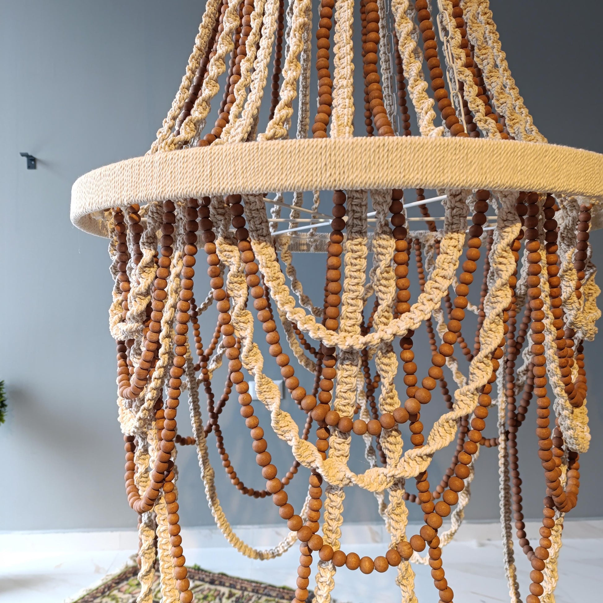 Bohemian Lighting, Rustic Chandelier, Macrame Pendant Light, Modern Living Room Lamp, Large Beaded Light, Farmhouse Light, Housewarming Gift