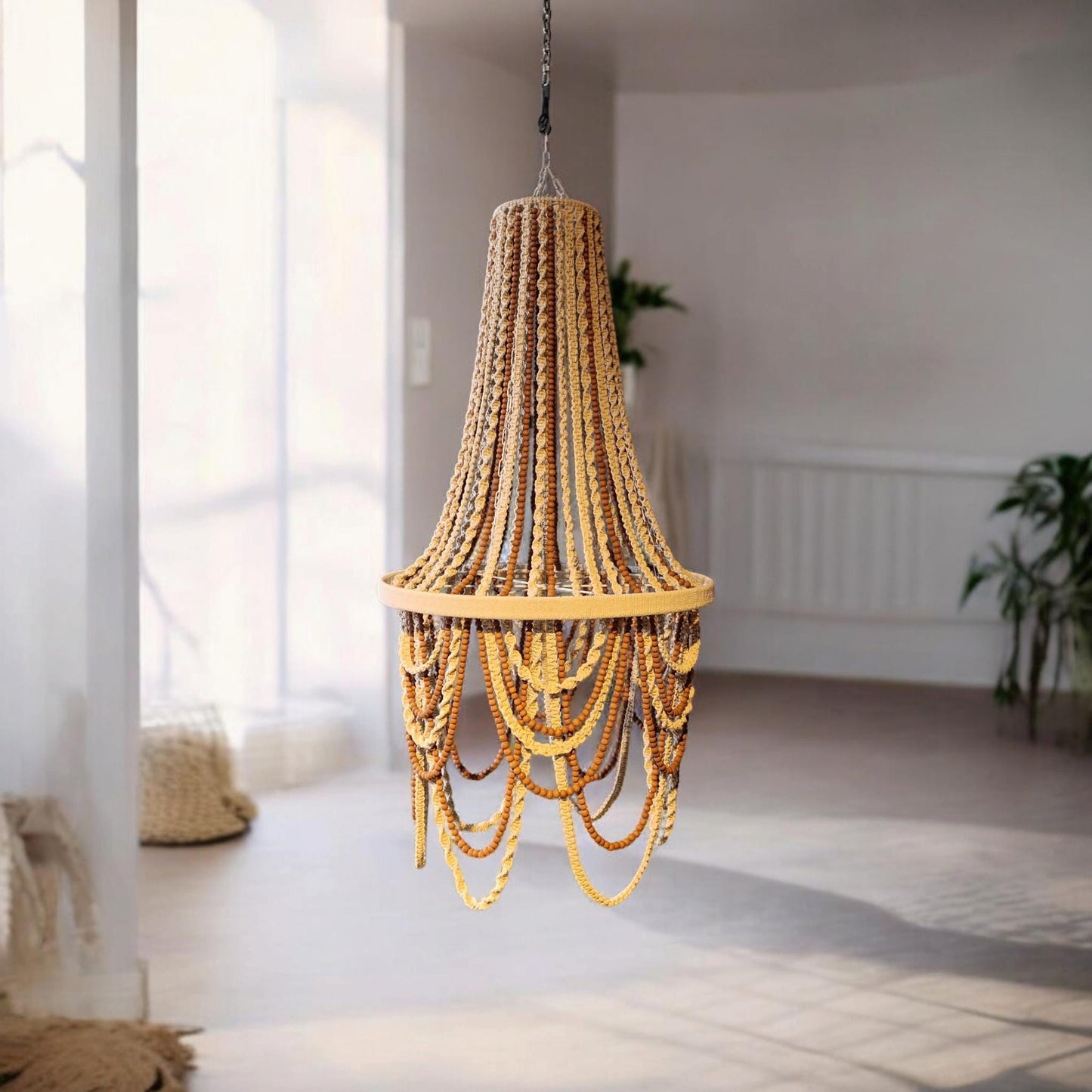 Bohemian Lighting, Rustic Chandelier, Macrame Pendant Light, Modern Living Room Lamp, Large Beaded Light, Farmhouse Light, Housewarming Gift