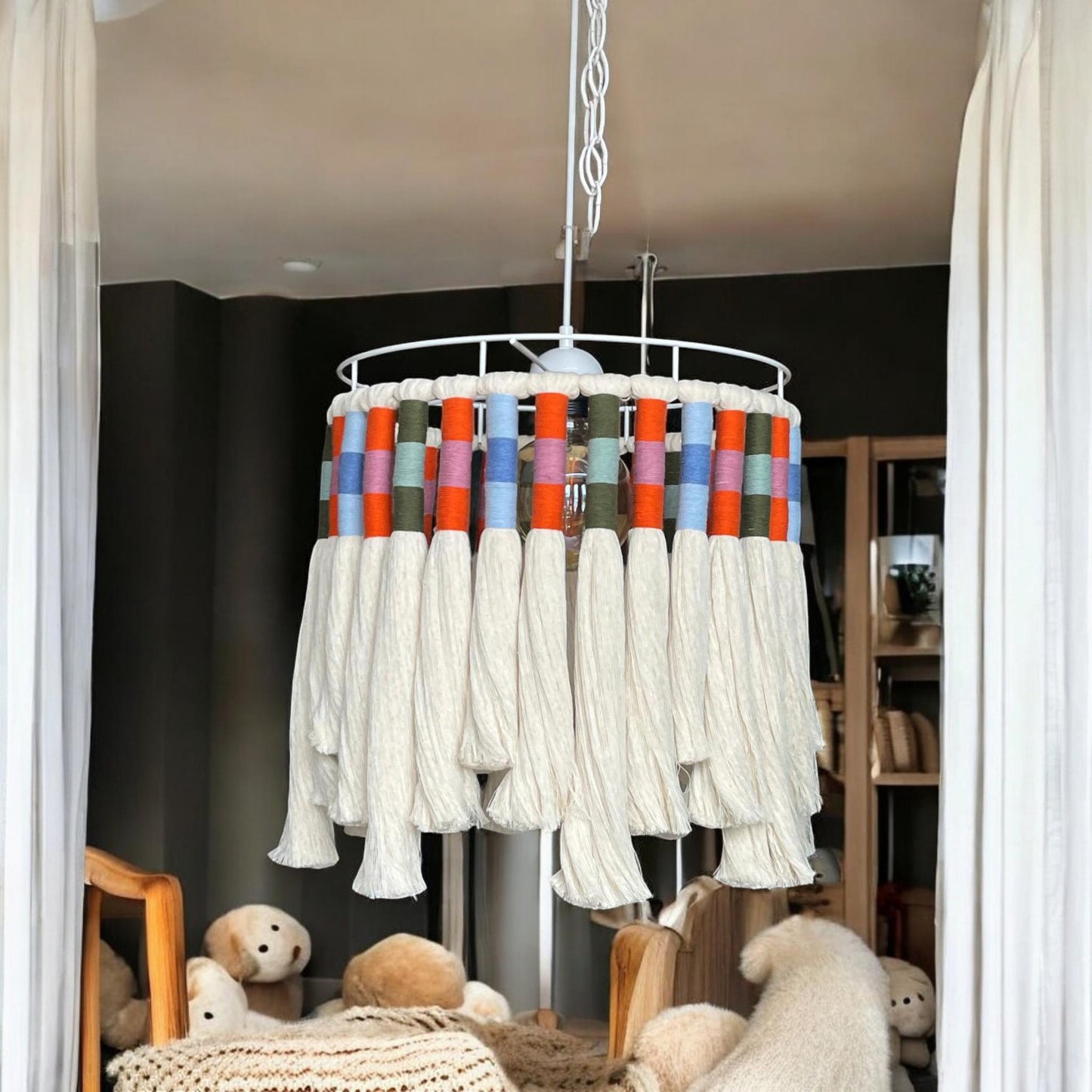 Boho Fringe Lampshade, Baby Room Lamp, Nursery Bohemian Light, Cotton Pendant Light, Woven chandelier, Boho Fixture Light,