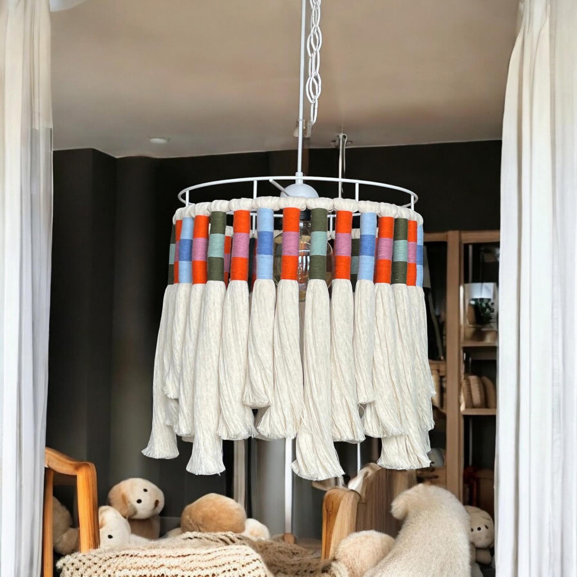 Boho Fringe Lampshade, Baby Room Lamp, Nursery Bohemian Light, Cotton Pendant Light, Woven chandelier, Boho Fixture Light,