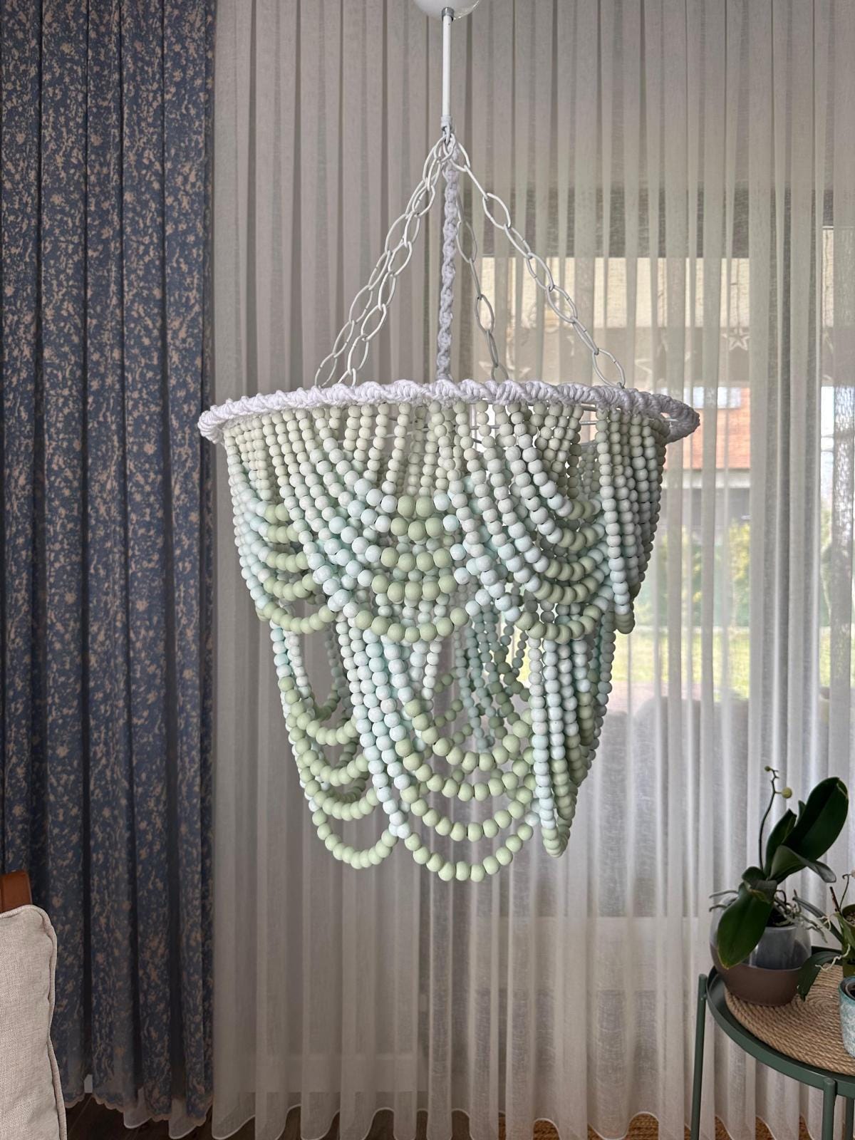 Coral Chandelier, Blue Beaded Light, Beach House Light, Rustic Living Room Light, Nursery Pendant Light,Wood Bead Light, Mother's Day Gift