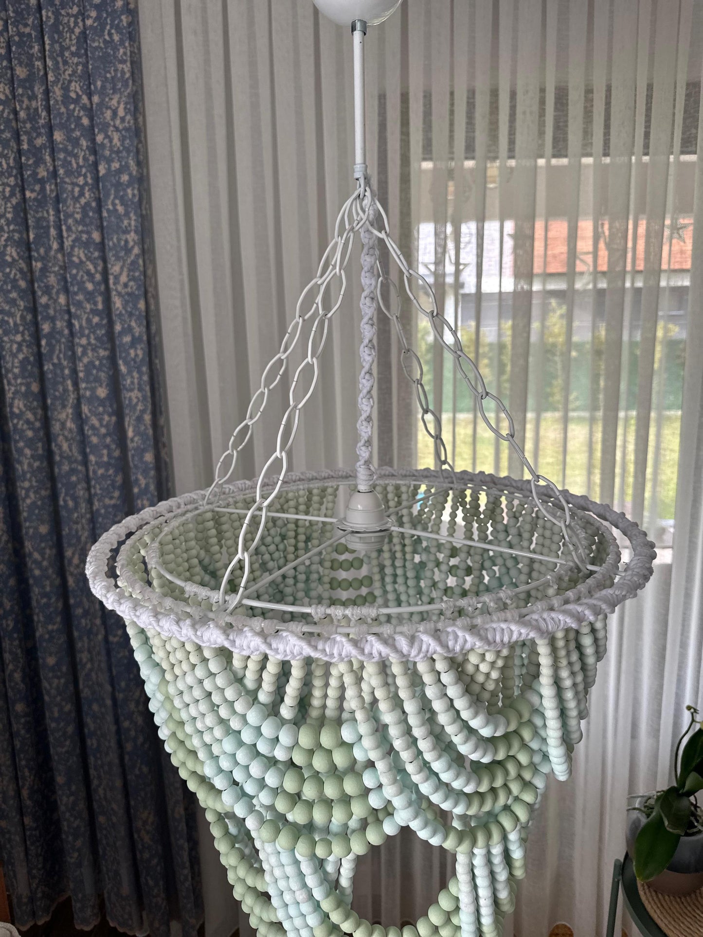 Coral Chandelier, Blue Beaded Light, Beach House Light, Rustic Living Room Light, Nursery Pendant Light,Wood Bead Light, Mother's Day Gift