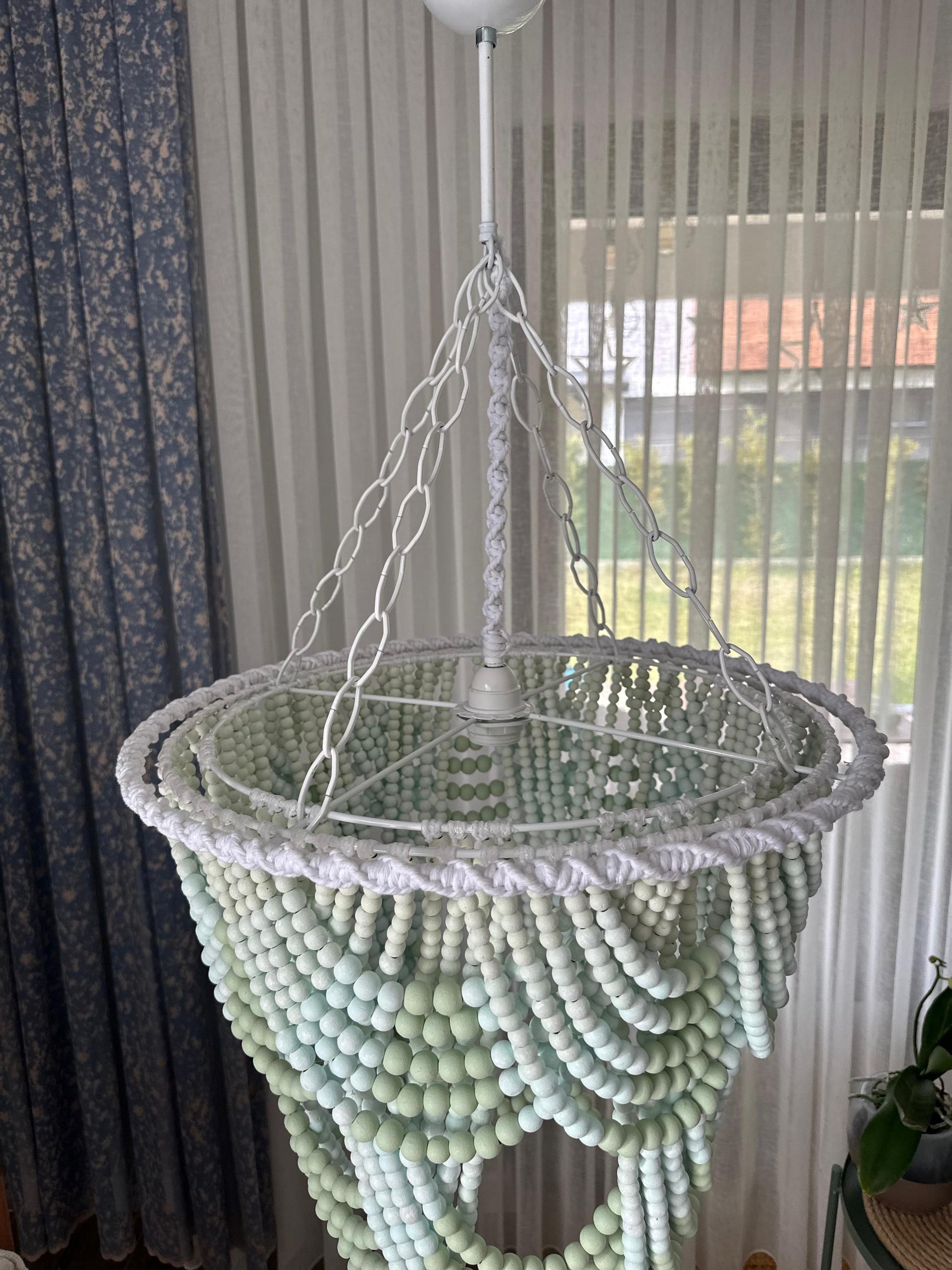 Coral Chandelier, Blue Beaded Light, Beach House Light, Rustic Living Room Light, Nursery Pendant Light,Wood Bead Light, Mother's Day Gift