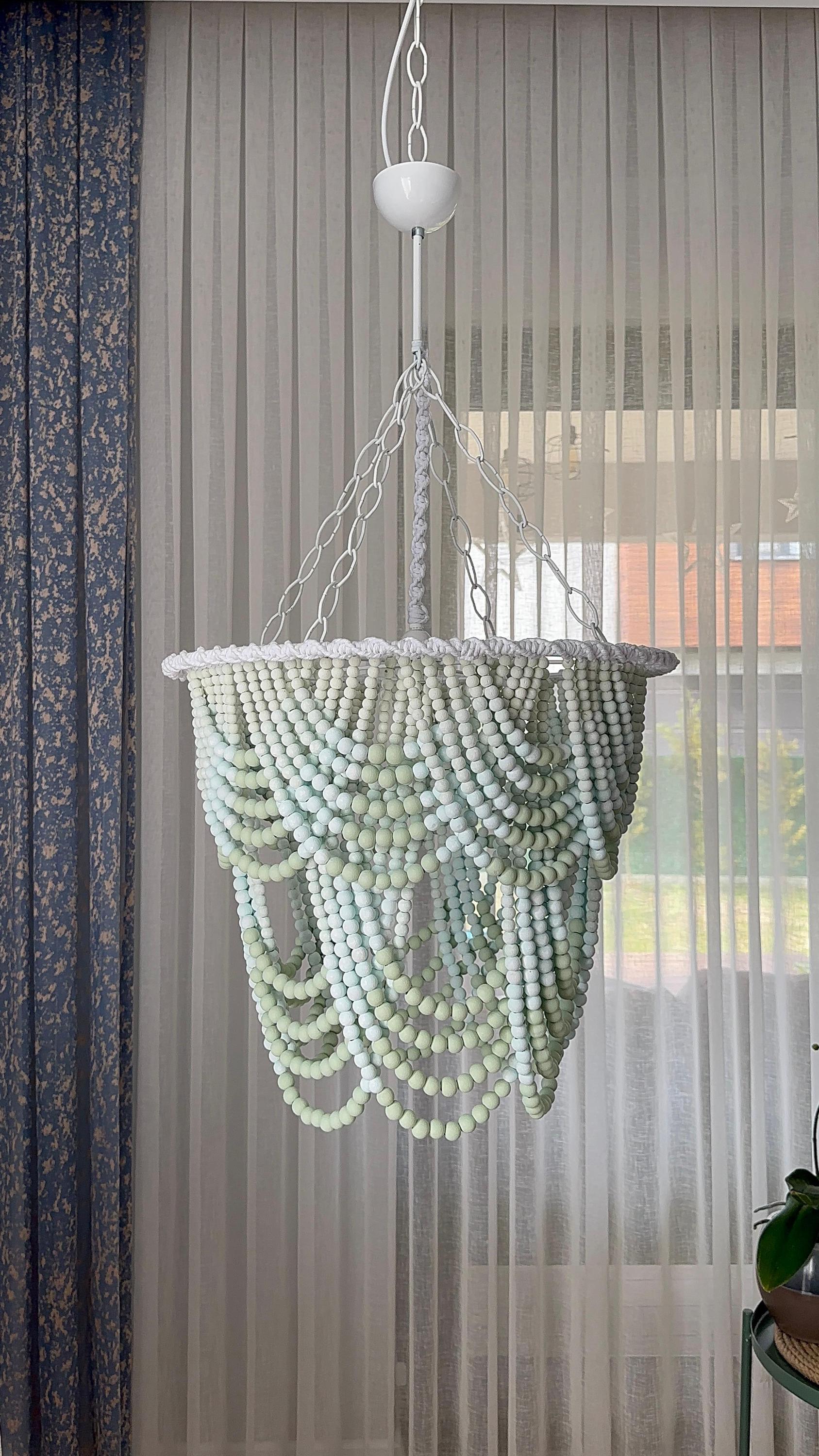 Coral Chandelier, Blue Beaded Light, Beach House Light, Rustic Living Room Light, Nursery Pendant Light,Wood Bead Light, Mother's Day Gift